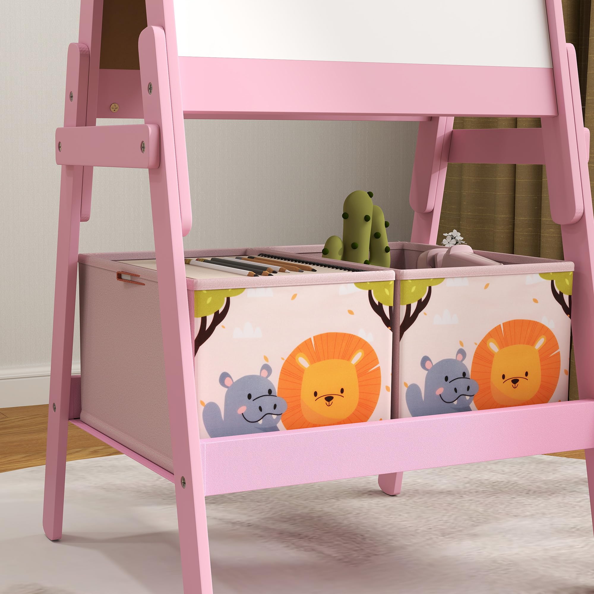 AIYAPLAY Cavalletto Artistico per Bambini 3-8 Anni con Lavagna Bianca, Lavagna Nera e 2 Cestini Contenitori, Cavalletto per Bambini in Legno, 53.5x49x113 cm, Rosa