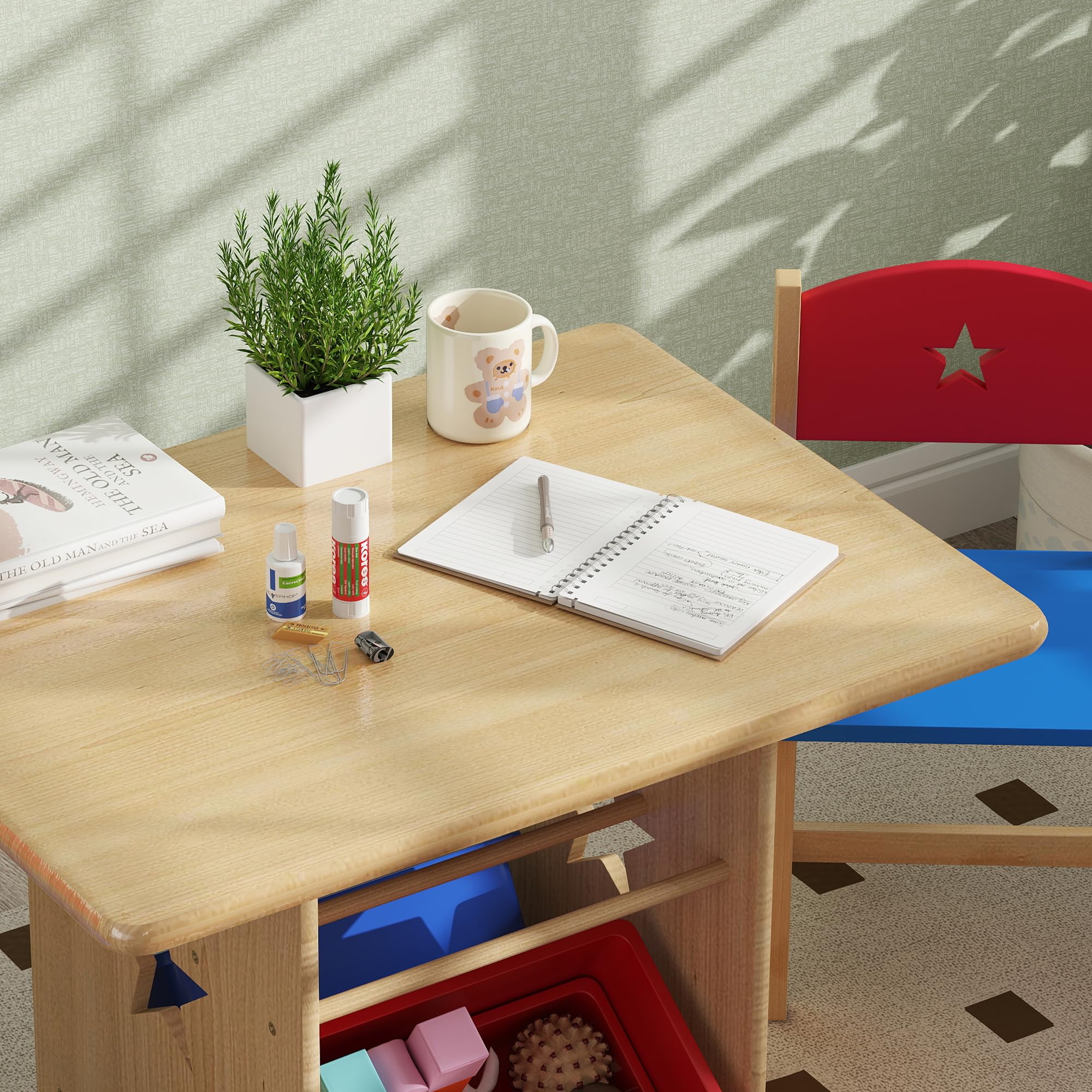AIYAPLAY Table Enfant avec 2 chaises, Ensemble 3 pièces en Bois, 4 bacs de Rangement, pour Enfants 3-7 Ans