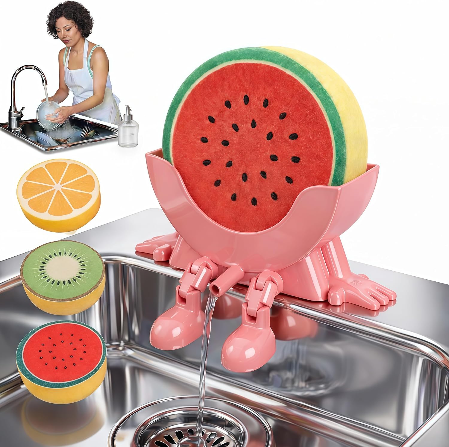 Funny Peeing Sponge Holder with 3 Cute Fruit Sponges (Watermelon, Orange, Kiwi), 3D Printed Sink Caddy Rack with Drainage, Scrub Sponge Stand & Kitchen Countertop Organizer, Gag Gift for Home(Scarlet)