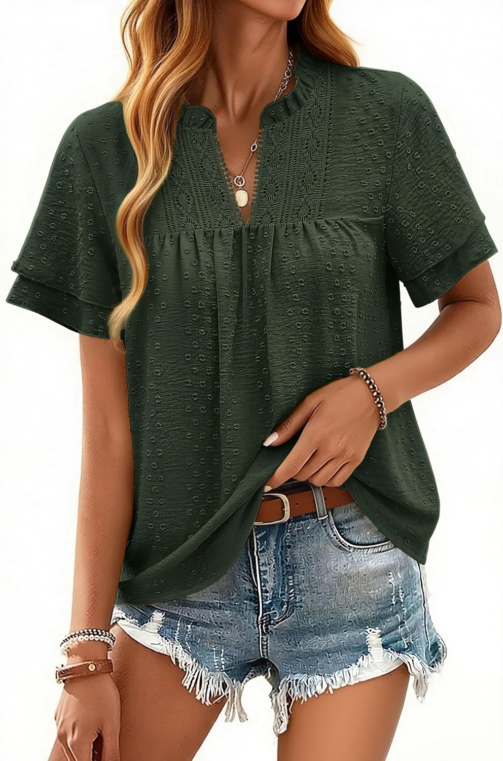 Halife Womens Summer Boho Tops V Neck Ruffle Short Sleeve Blouses Dressy Casual Lace Edges Swiss Dot Flowy Shirts