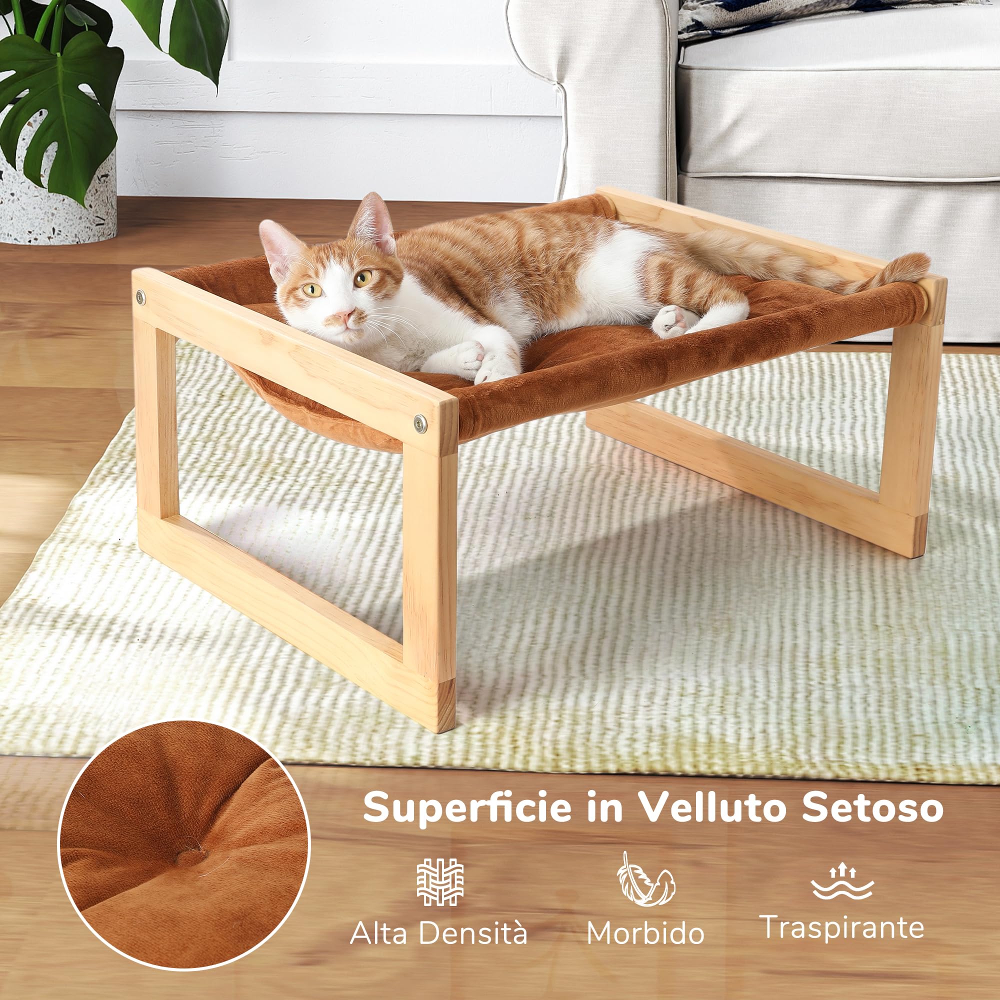 FUKUMARU Cuccia per gatti in velluto felpato per interni, amaca per gattini in legno, 53 x 41 cm, adatta per gatti, cani, conigli, conigli, gattini e piccoli animali, marrone