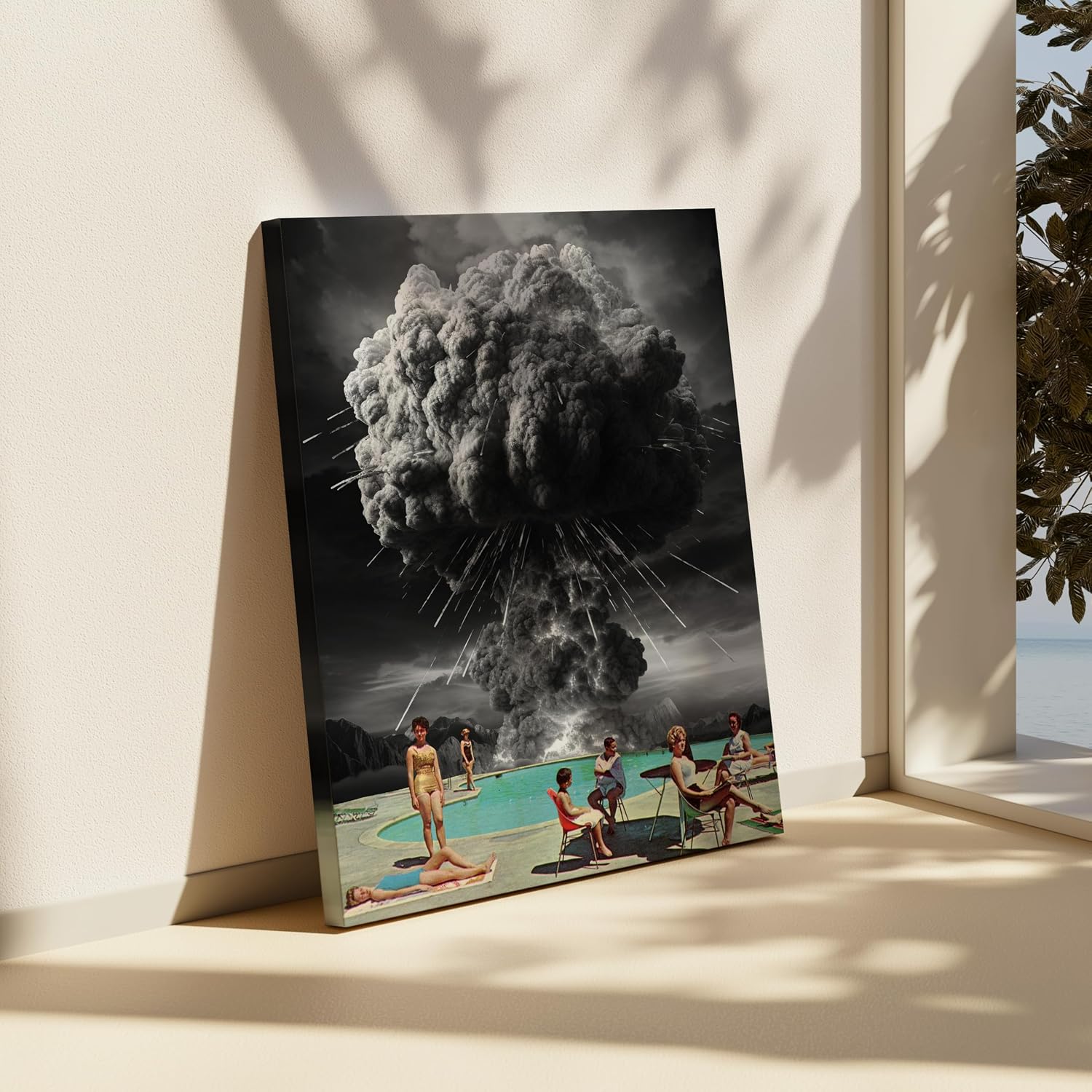 Poster Master Pool Party Canvas - Retro Atomic Bomb Print - Armageddon & End of the World Art - Surreal Collage Design - Trippy Art - Office or Living Room Wall Decor - 8x10 STRETCHED Canvas