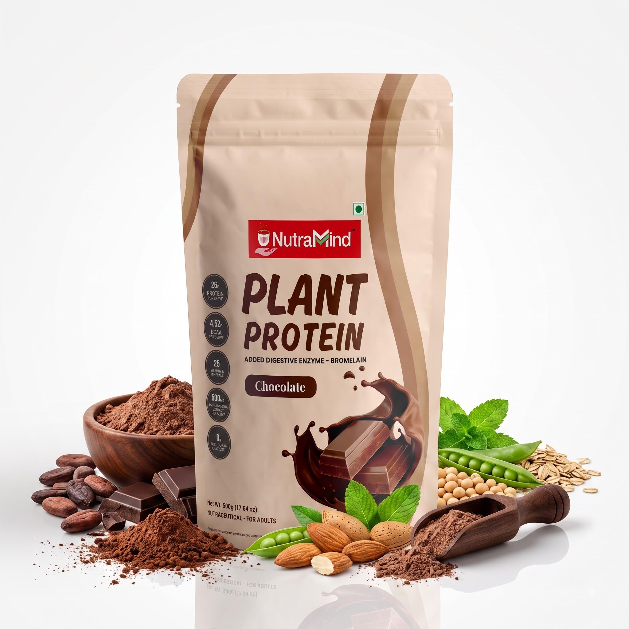 Plant Protein Chocolate 500g, 26g Protein per Serve | with Ashwagandha Extract, Added Bromelain Enzyme, 4.52g BCAA per Serve, 25 Vitamins & Minerals, 0g Added Sugar-image-37