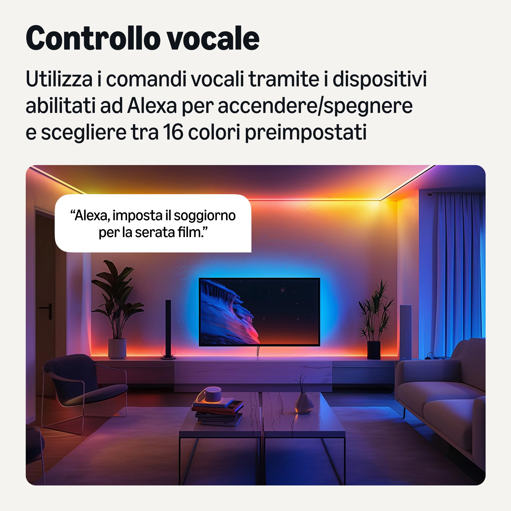 Amazon Basics Striscia luminosa LED intelligente da 5 m, RGBW, Wi-Fi 2,4 GHz, compatibile solo con Alexa, Multicolore