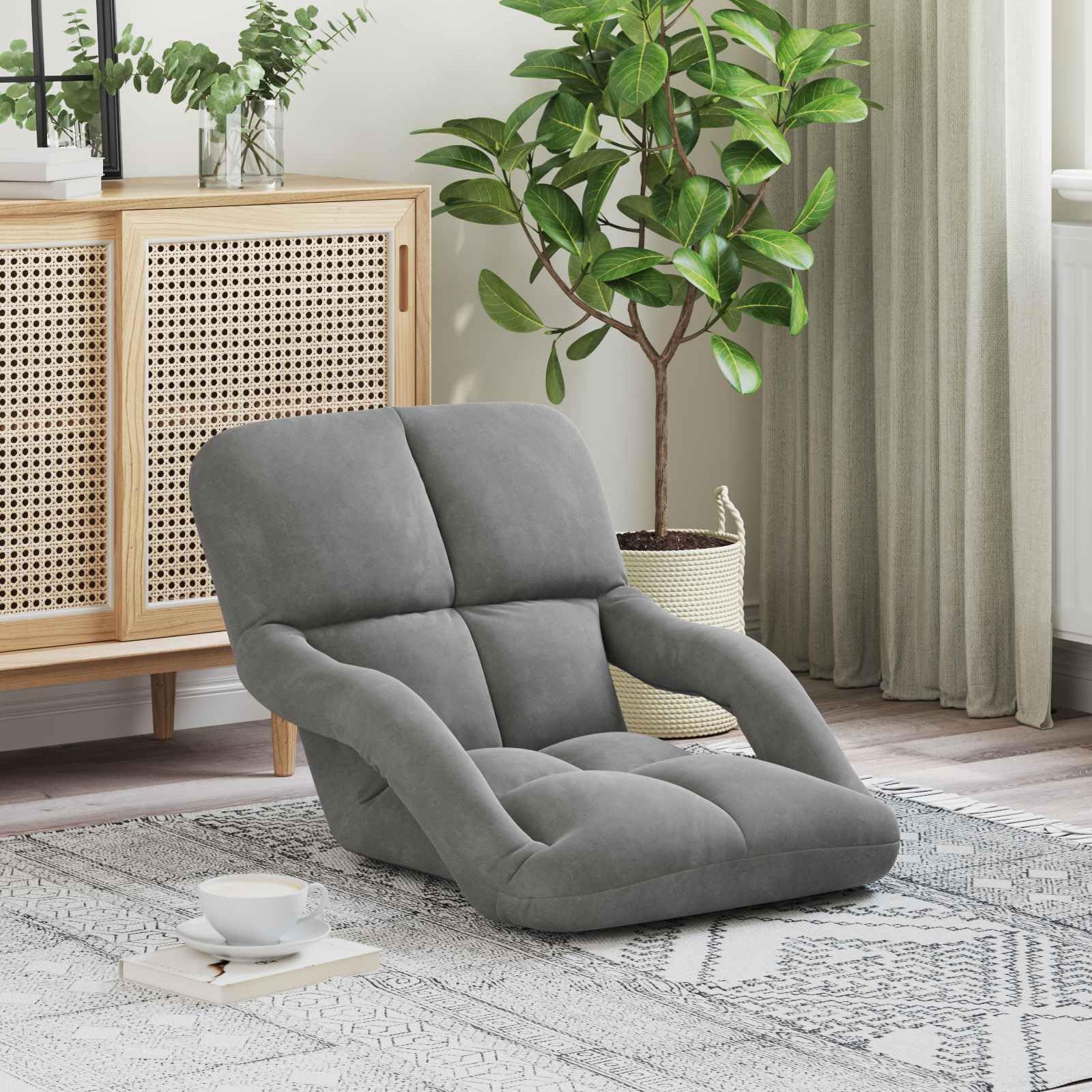 Krzesło podłogowe, ciemnoszare, aksamitne, z regulowanym oparciem, 58 x 62 x 58 cm, składane, wyściełane, ergonomiczne, z podłokietnikami, nie zajmuje dużo miejsca, do czytania, jogi, biura, gier