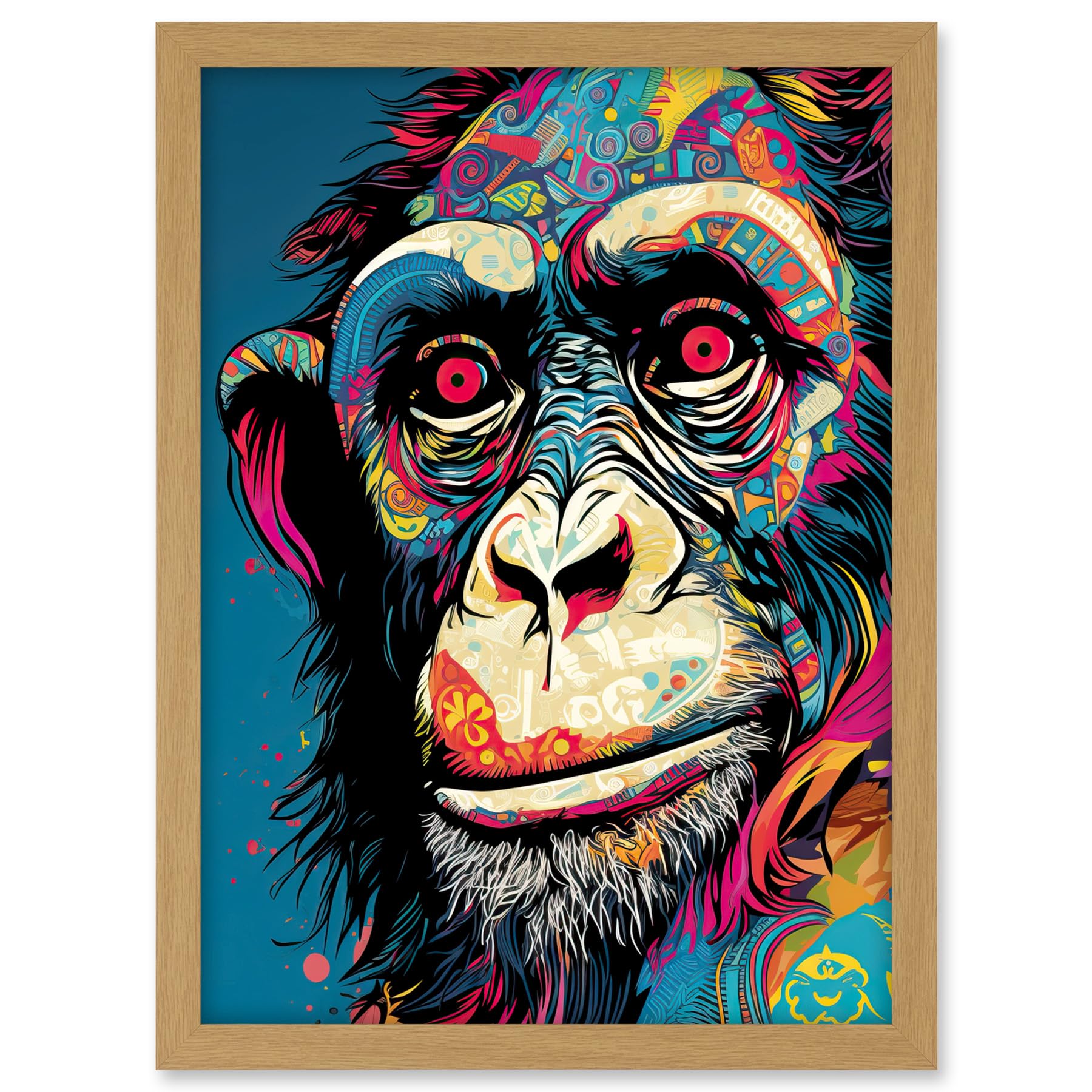 Artery8 Chimpanzee Acrylic Painting Vibrant Psychedelic Pattern Portrait Modern Artwork Framed A3 Wall Art Print