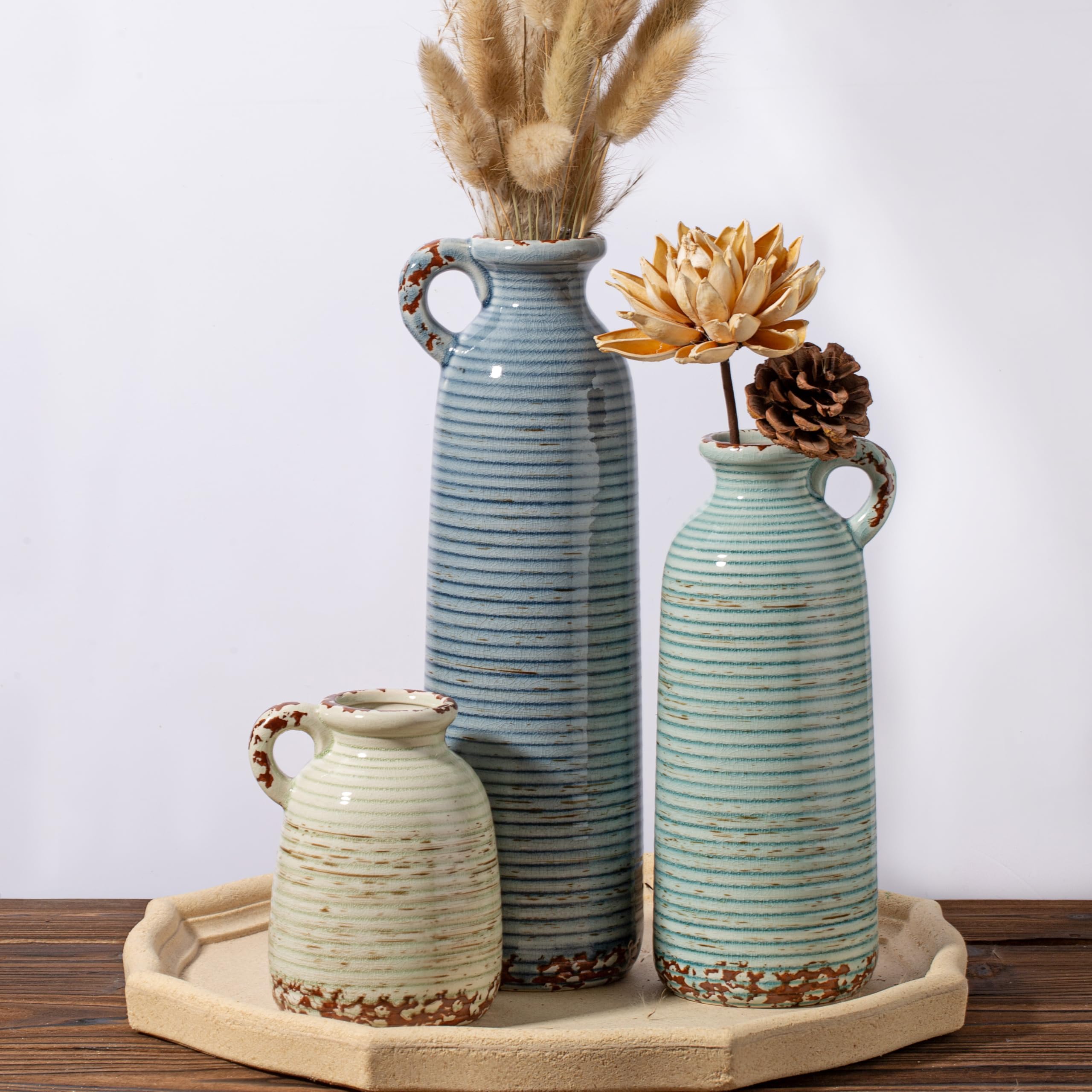 Sawoake Ceramic Vase Set of 3 with Handles, Blue Neutral Rustic Modern Farmhouse Boho Decor, Versatile as Table Centerpiece or Mantel & Shelf Accent - Unique Home Gift Idea — image 1