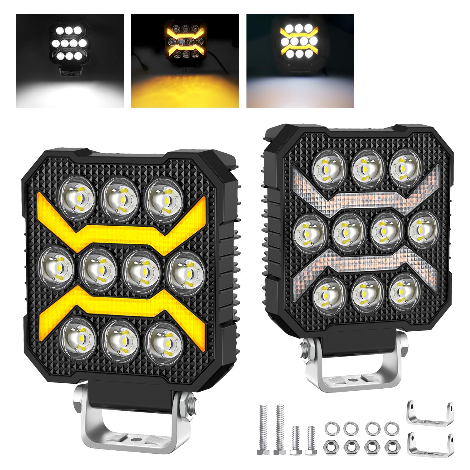 antom 2PCS LED luz de trabajo 3 colores 6500K 5 modos led faro 12V IP68 Impermeable faro adicional para tractor de césped, coche, vehículo de motor, taller, barco, tractor excavadora SUV