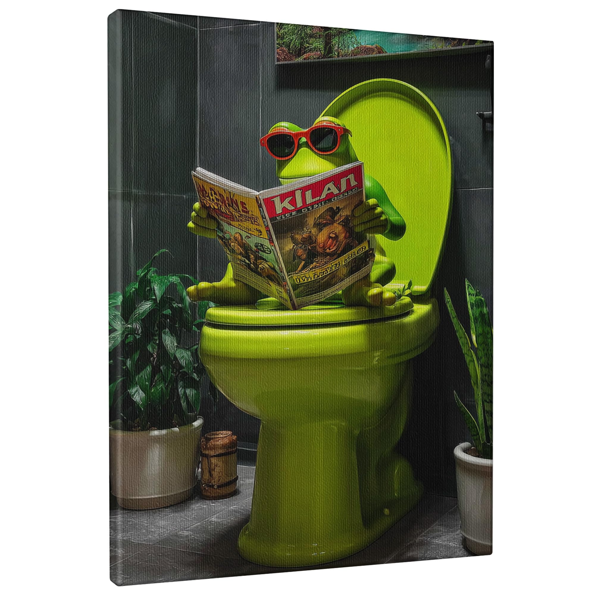 Funny Green Amphibian Toilet Canvas Wall Art, Vibrant Bathroom Decor, Fanciful Home Aesthetic Prints for Living Room, Bedroom, Lavatory, Functionality 8x10 Inch