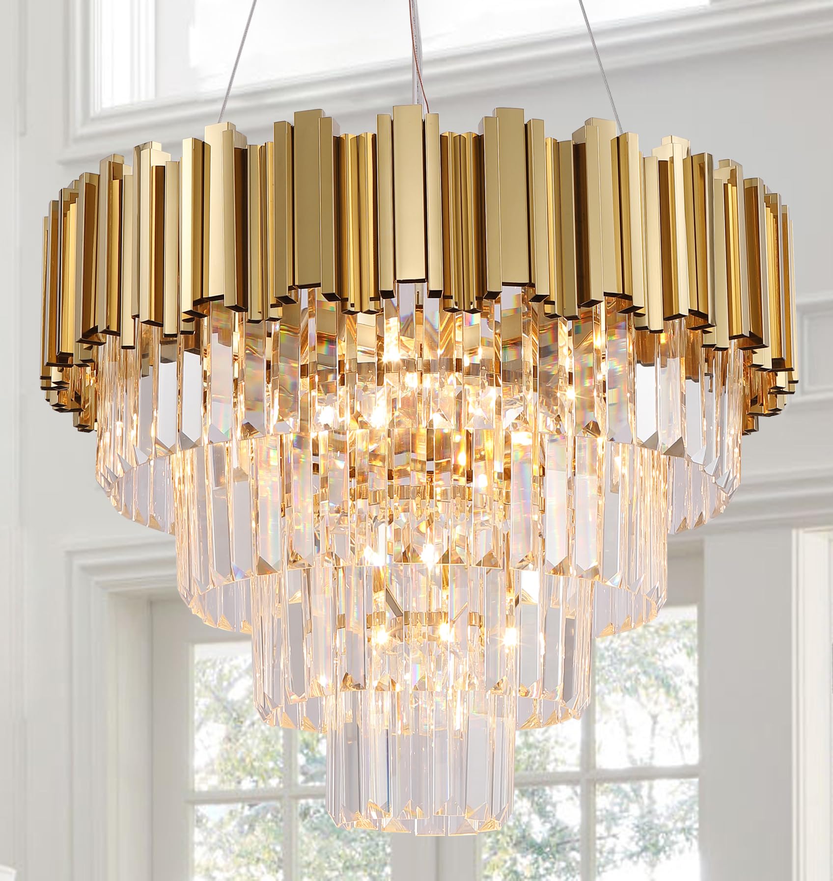 Akeelighting Gold Chandeliers Modern Crystal Chandelier Lighting 7 Lights Round Gold Dining Chandelier Light Fixture Ceiling Bedroom Living Room Entryway 4-Tier Golden 21.6"