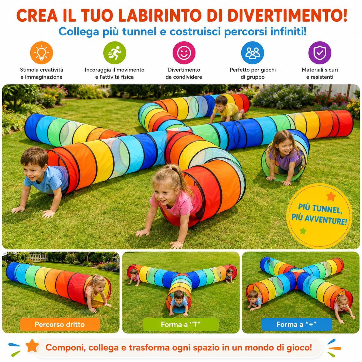 TUNSY Tunnel Strisciare per Bambini, Tessuto Traspirante e Resistente con Inserti in Rete, 180x45x45 cm, Arcobaleno, Leggero e Pieghevole, Montaggio Senza Attrezzi
