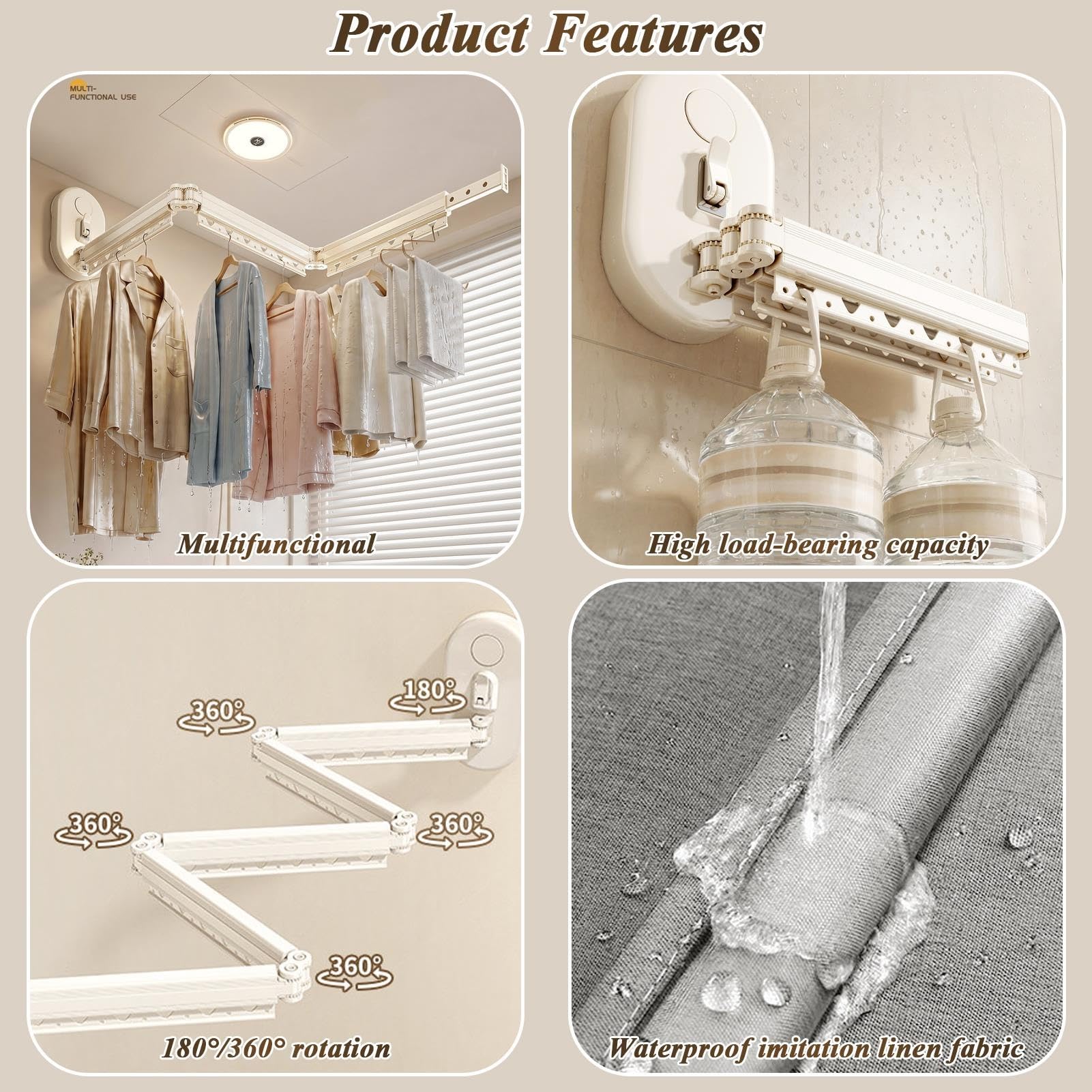 Tringle Rideau Douche sans Percage Pliable avec Double Ventouses