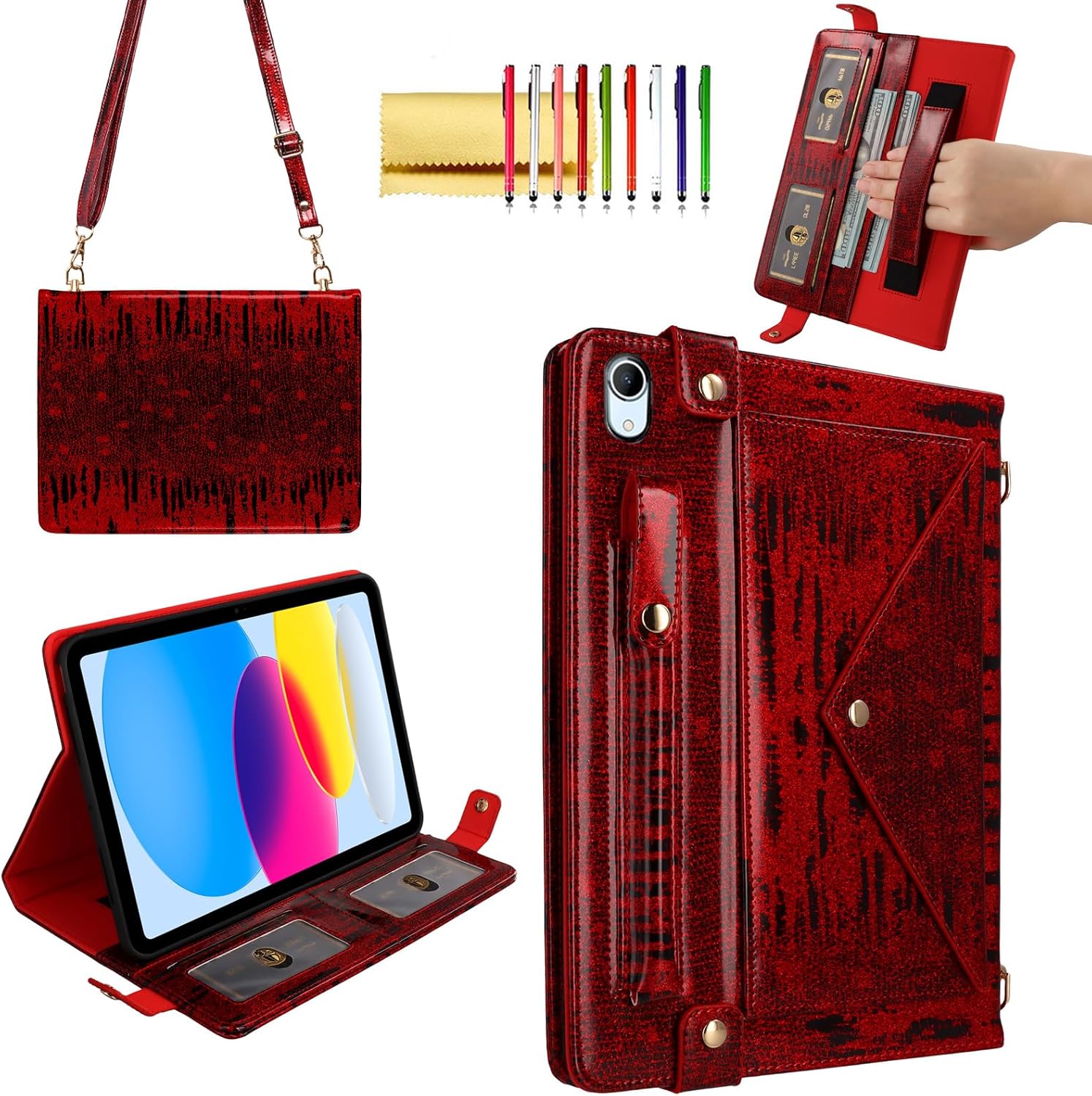 Glitter Case for iPad 2025 (A16) 11-inch/iPad 10th Generation, Techcircle Crossbody Folio Stand Card Holder Pencil Pocket Protective Cover with Hand Strap+Shoulder Strap, Burgundy