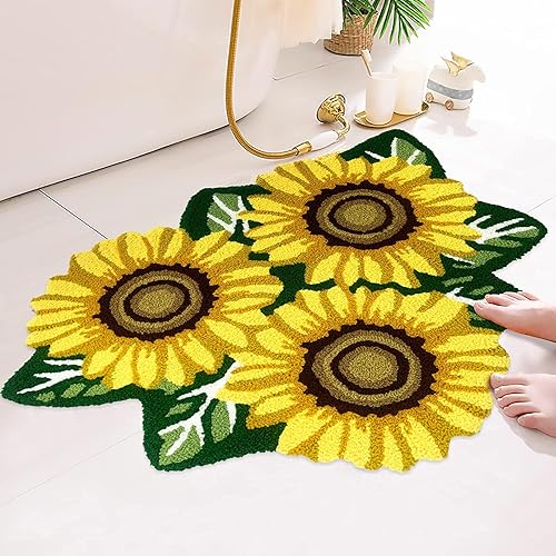 Miniatura 3 de ABREEZE Alfombra de algodón tejida a mano con forma de girasol, alfombra lavable de baño, alfombra de interior para porche delantero, granja,