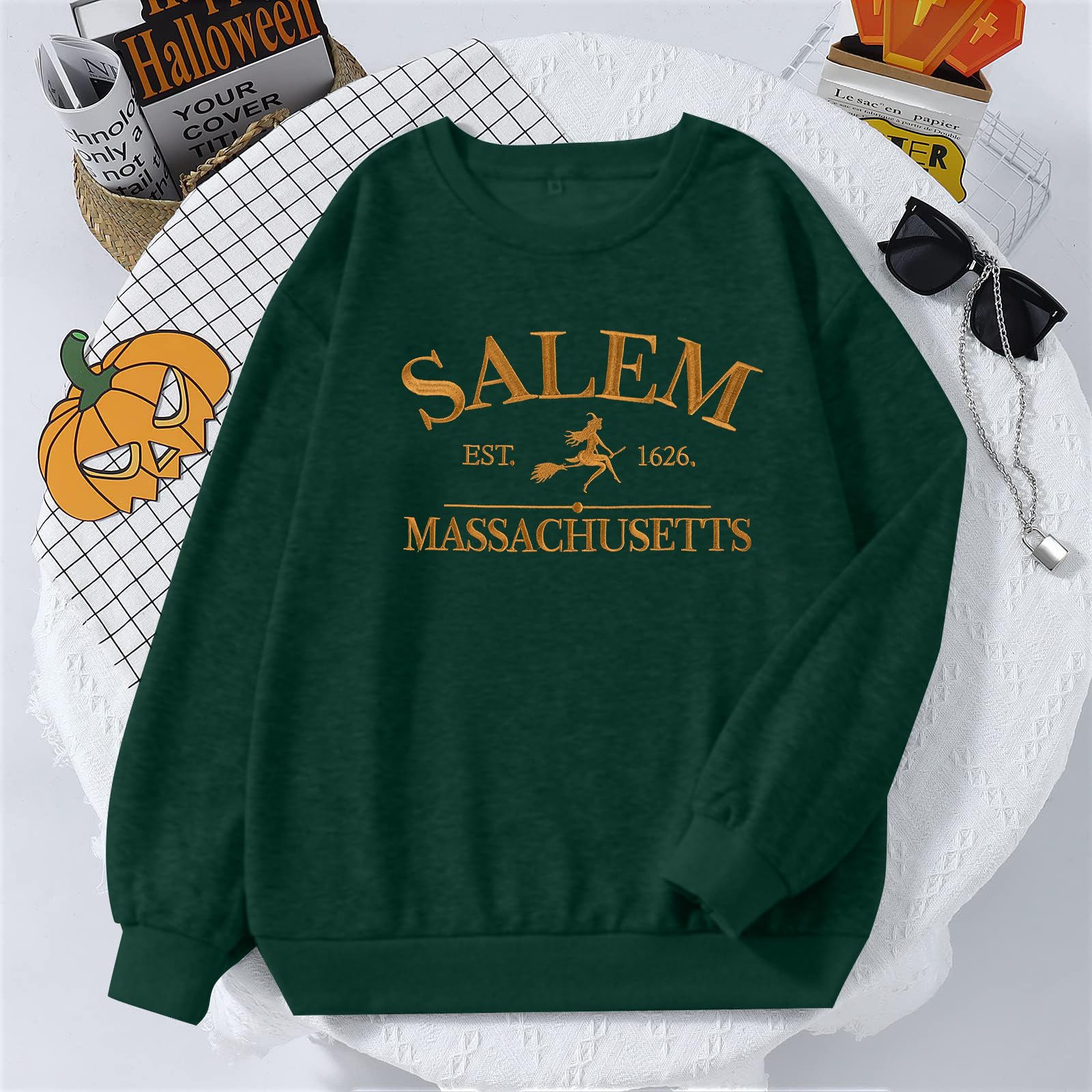 MYHALF Salem Massachusetts Oversized Sweatshirt Women Graphic Embroidered Sweater Shirts Fall Winter Holiday Crew Neck Tops Green
