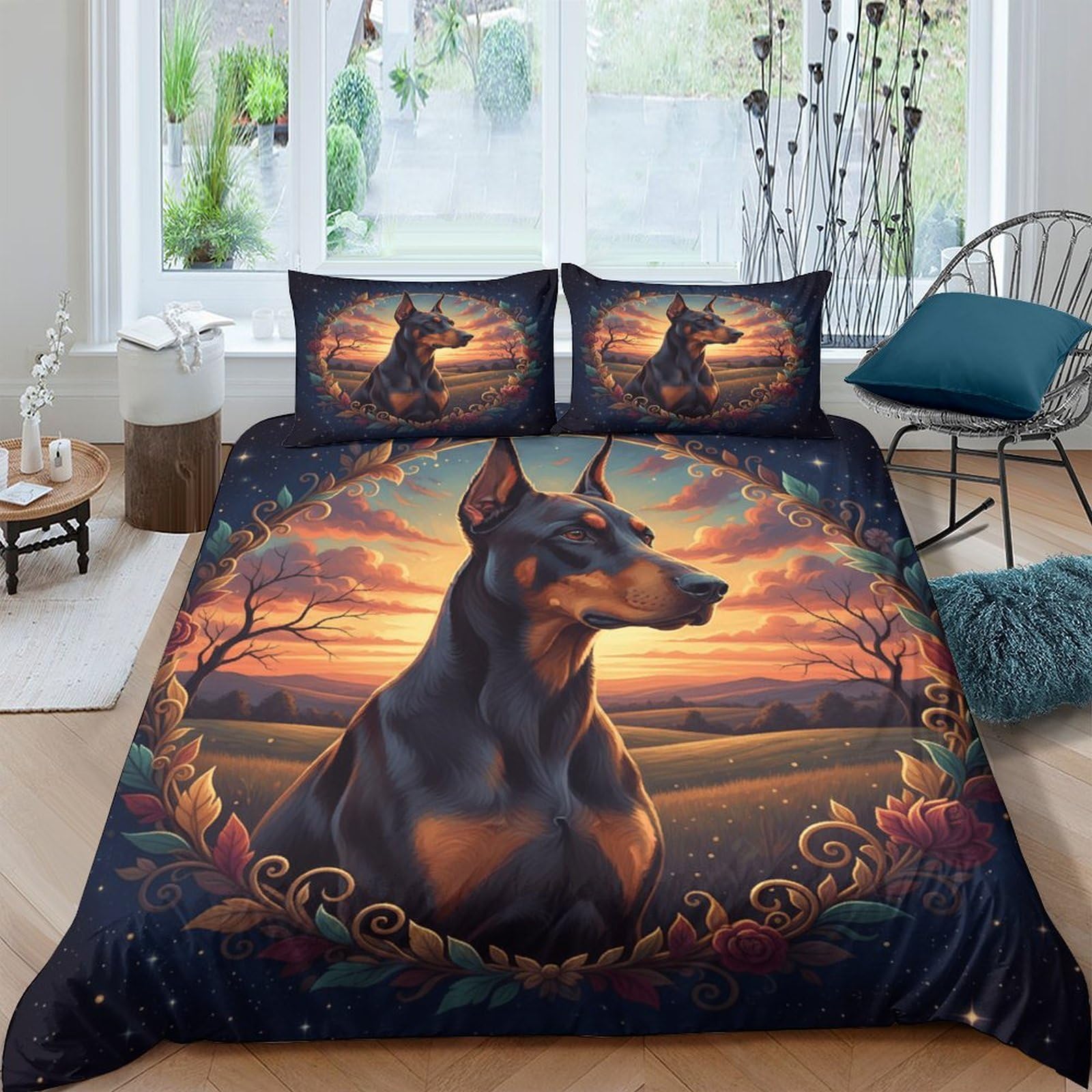 Ctjqhvkz Style-10 3D Printed Doberman Sunset Fitted Sheet Microfiber Soft Breathable Landscape Bed Cover For Bedroom Guest Room Decor Single（135X200cm）