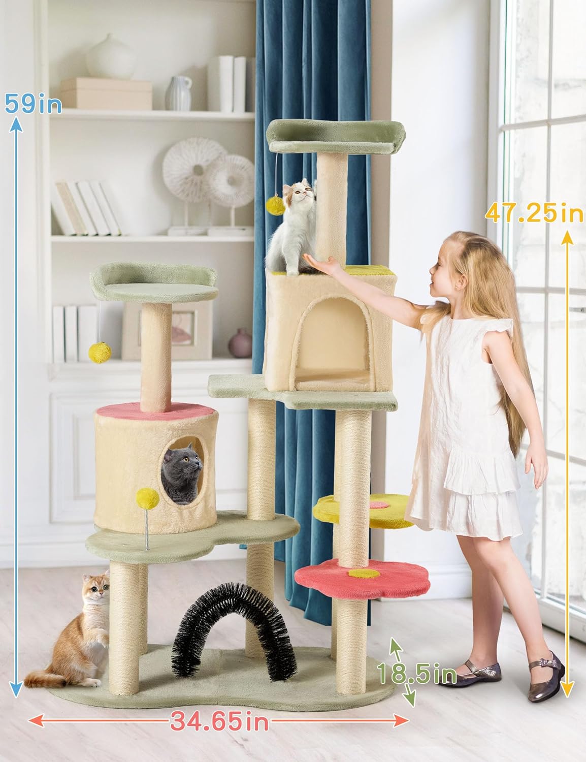 Flower Cat Tree Tower, 59 Inches Cute Cat Tree for Indoor Cats w/Sisal Covered Cat Scratching Posts Stand Cozy Condo, Sturdy Padded Top Perch and Bell Ball Colorful Cat Tree House for Indoor Cats
