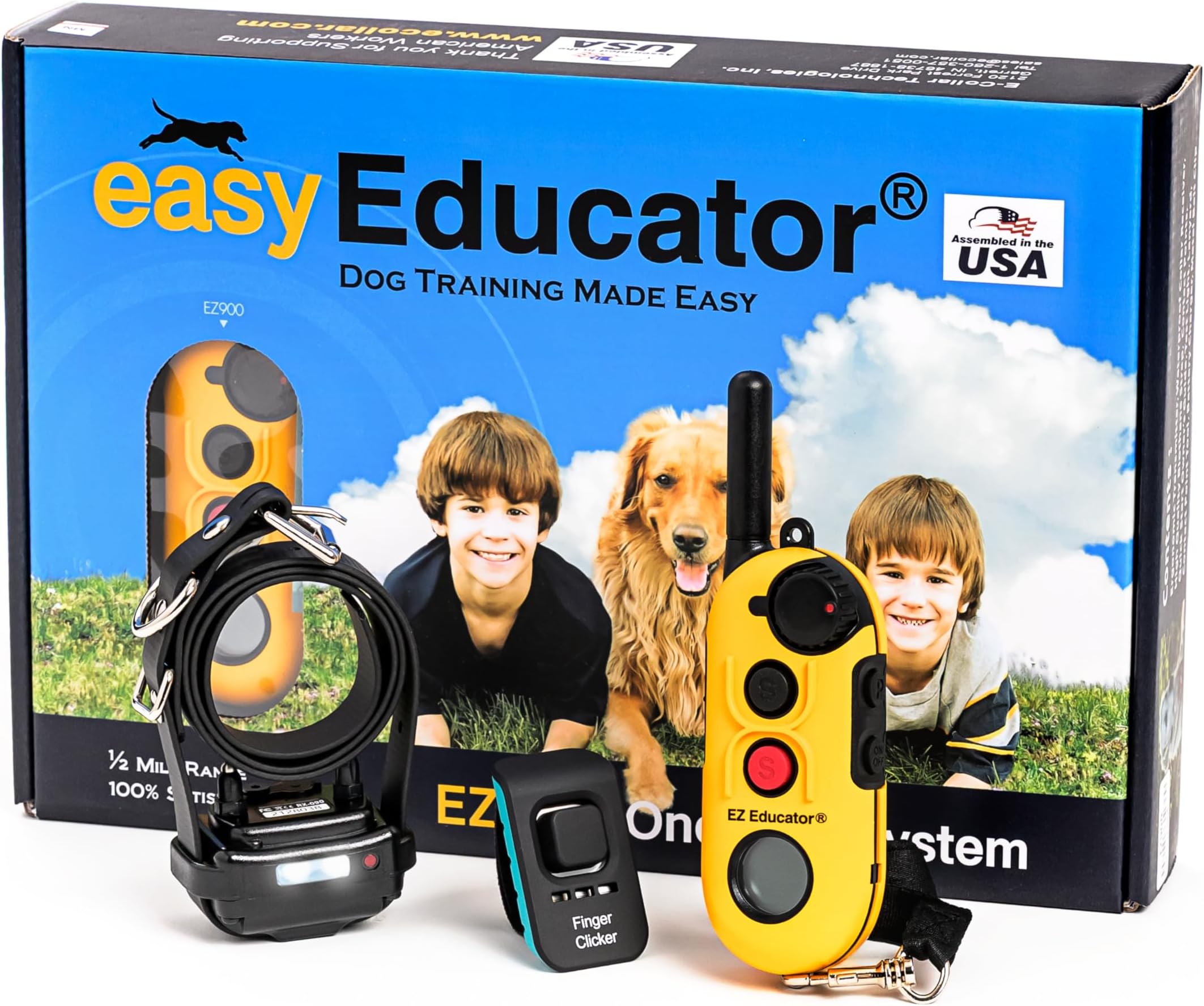 EZ-900 1/2 Mile Dog Training Collar for Sm & Med Dogs (10+ lbs) – Ergonomic LCD Remote, 256 Vibration Levels, Pavlovian Tone, Waterproof Biothane Collar, Rechargeable, Night Light, Yellow