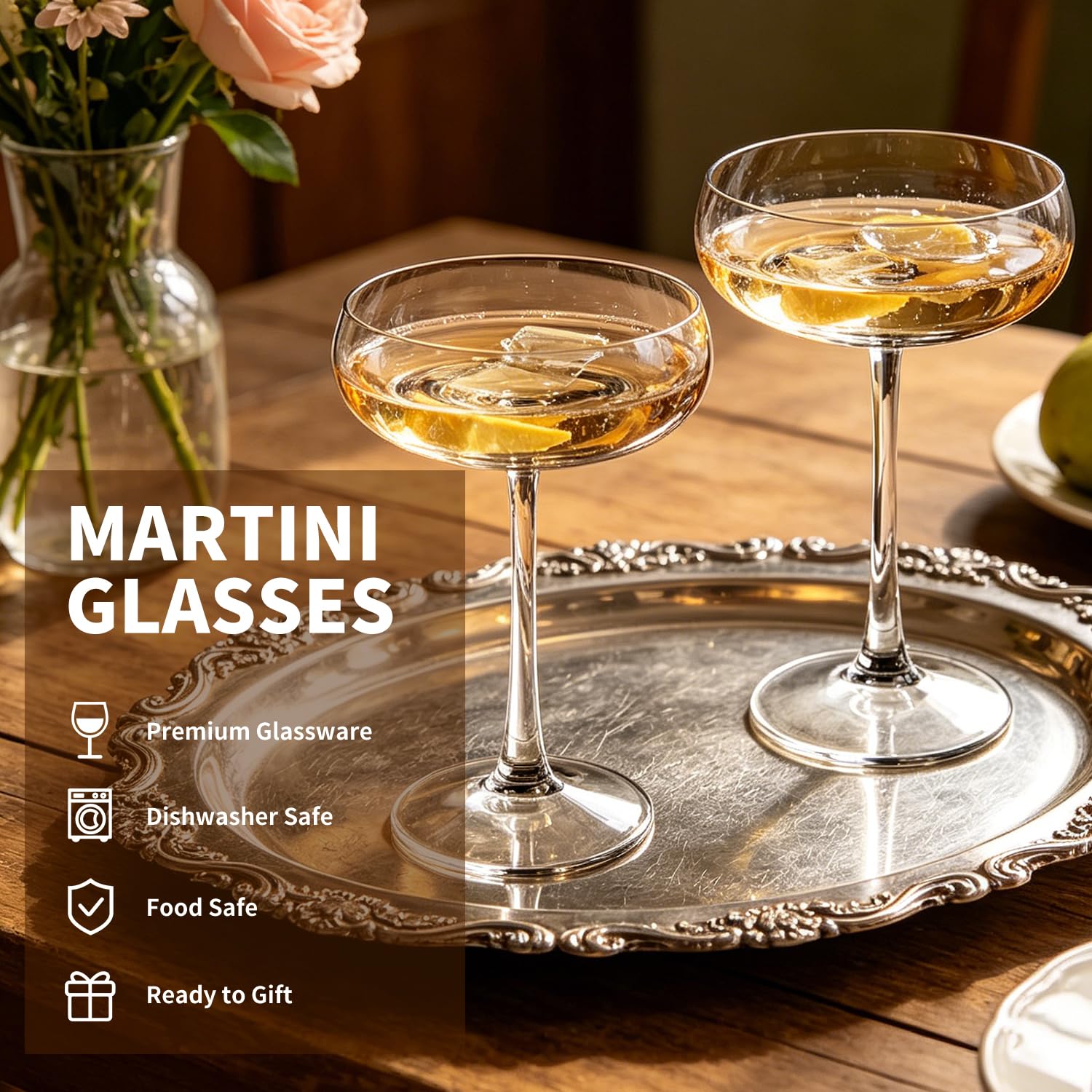 Juego de 4 vasos de café espresso para martini, vasos de copa de 9 onzas, vasos de cóctel vintage para margaritas, champán y más, incluye medidor y cuchara de bar