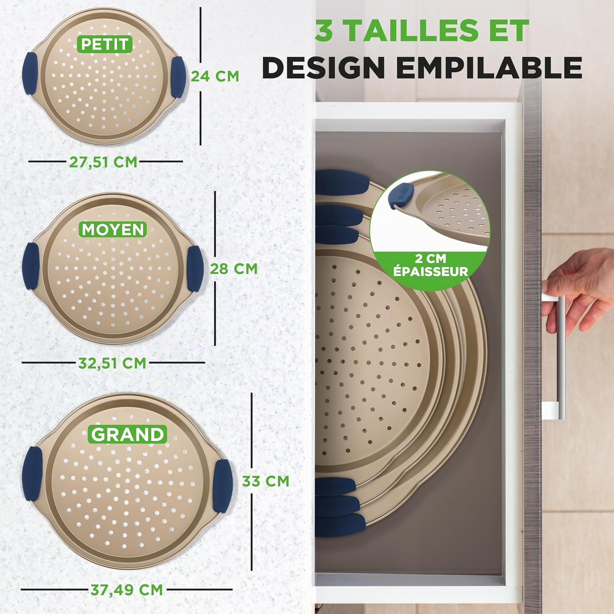 NutriChef Set de 3 Plaques à Pizza - Moules à Pizza Antiadhésif avec Poignée en Silicone avec Trous Perforés - Acier Carbone Durable - Tailles Petit, Moyen, Grand - Doré, Gold