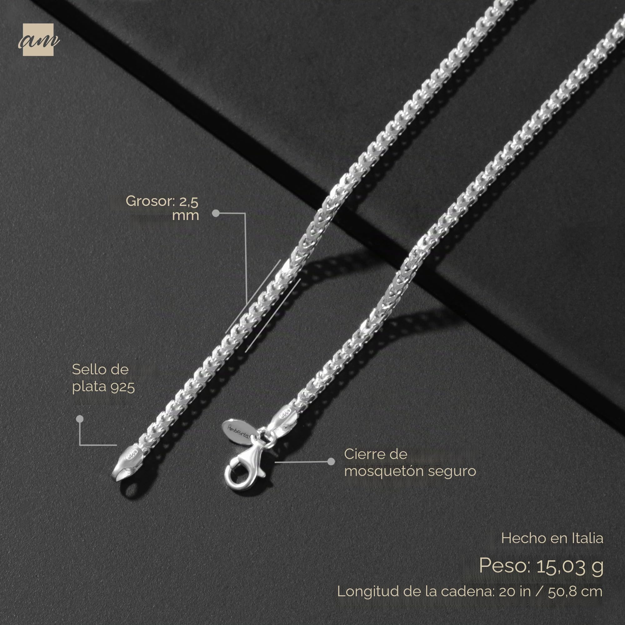 Amberta Collar para Hombre en Plata de Ley 925 - Cadena Franco 2.5 mm