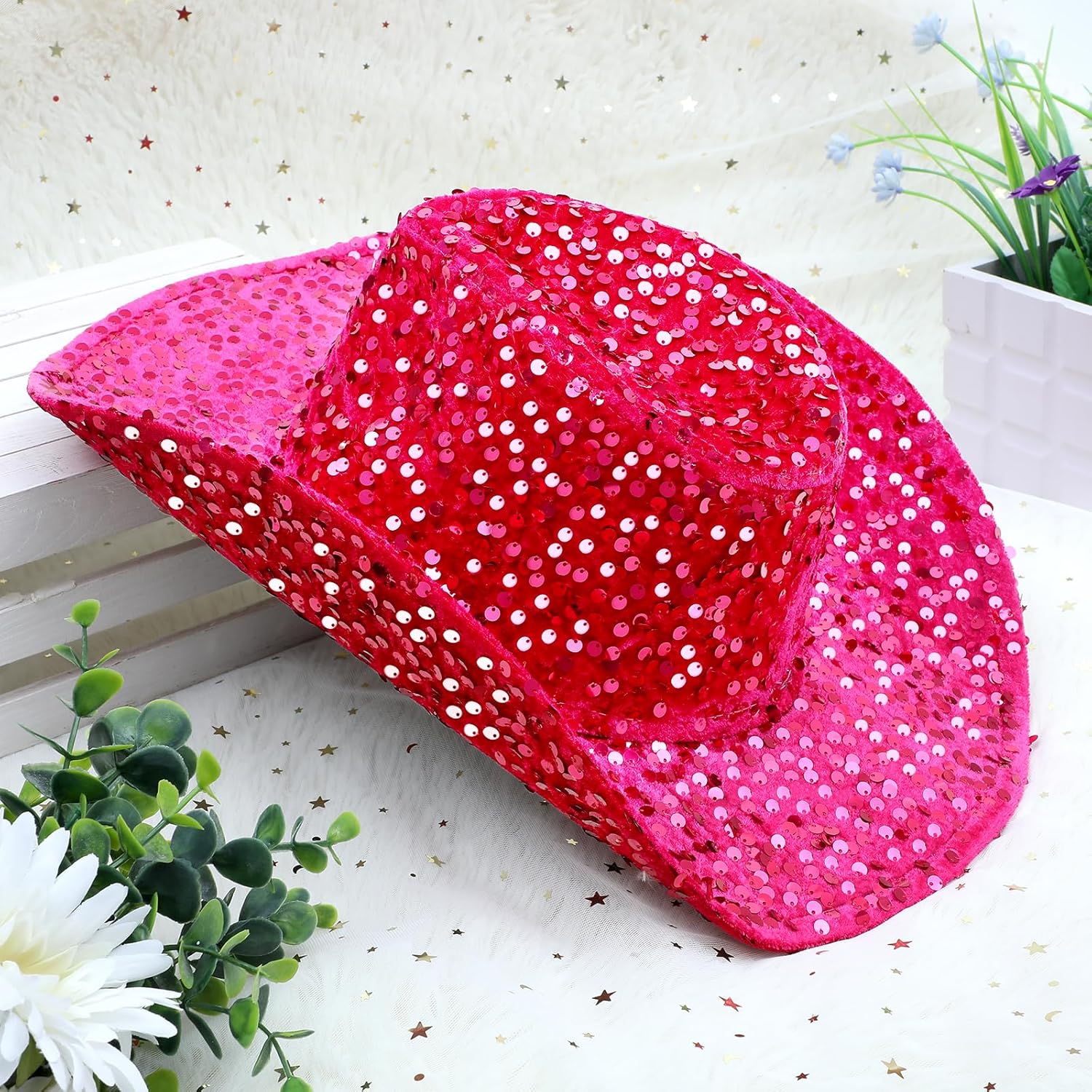 quescu Cowgirl Hat for Women Western Style Sequins Cowboy Hats for Disco Crystal Hat for Carnival Wedding Costume Party - Image 5