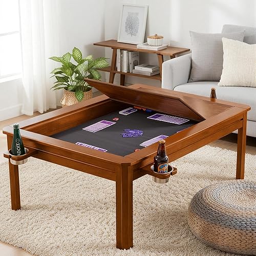 Miniatura 10 de Solid Wood Board Game Coffee Table with Removable Top, 3-in-1 Gaming and Dining Table Includes Play Mat & Detachable Cup Holders, 48" L x 33" W