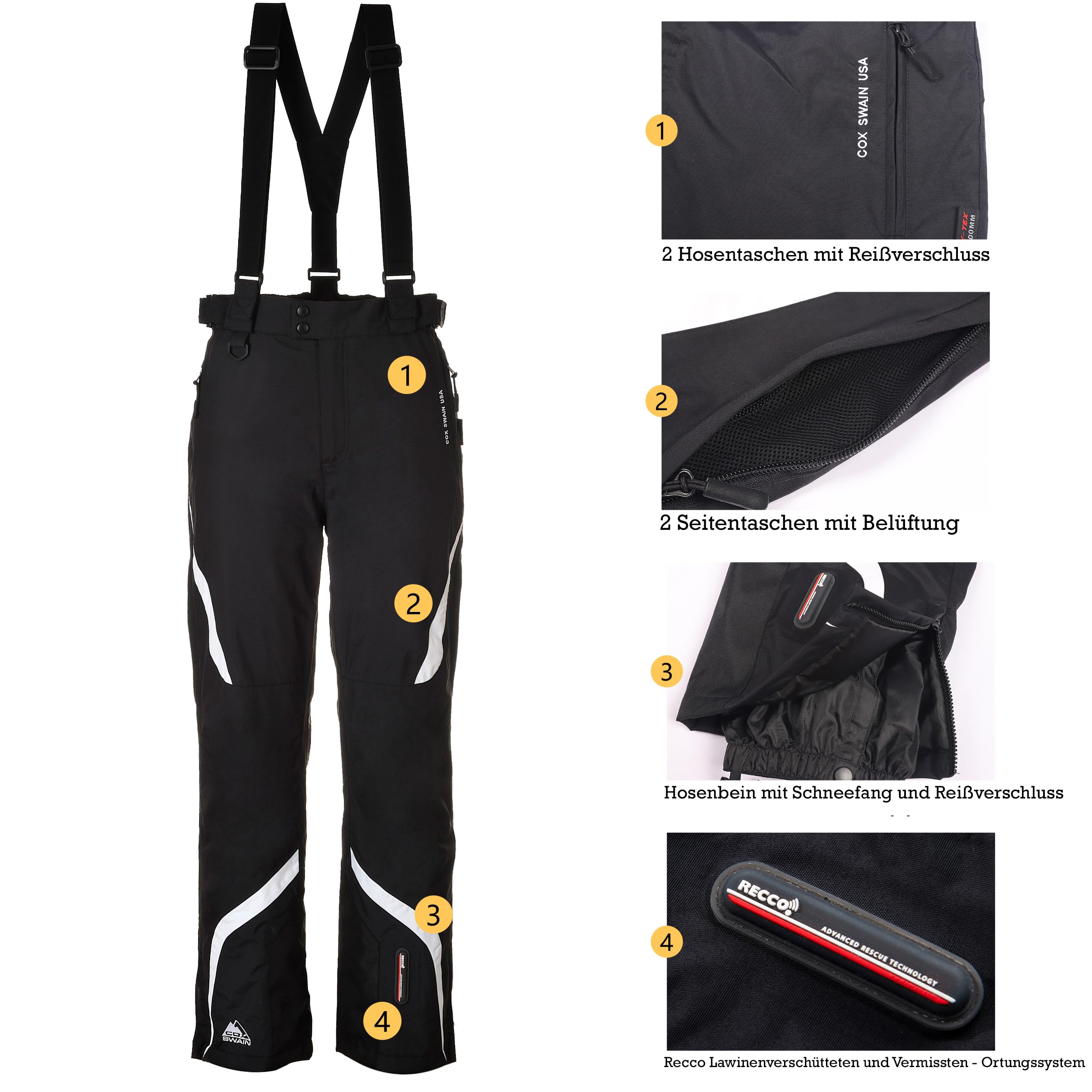 Cox Swain Herren Ski-/Snowboardhose Zermatt 2 - mit RECCO Lawinenreflektor - 15.000mm Wassersäule!, Colour: Black, Size: M