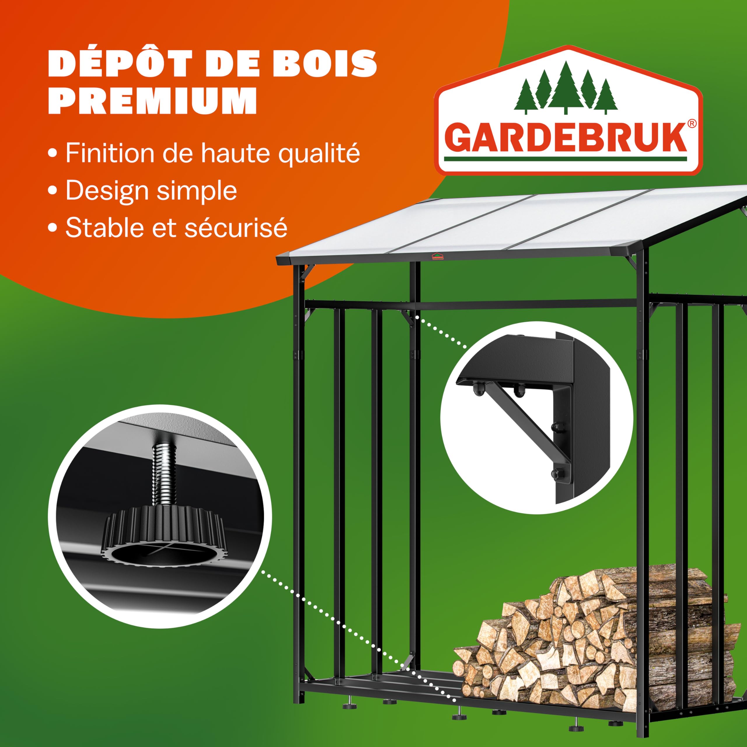 Gardebruk® Étagère pour bois de cheminée XXL Noir en acier avec toit Abri à bois Stockage du bois Étagère à bûches extérieur