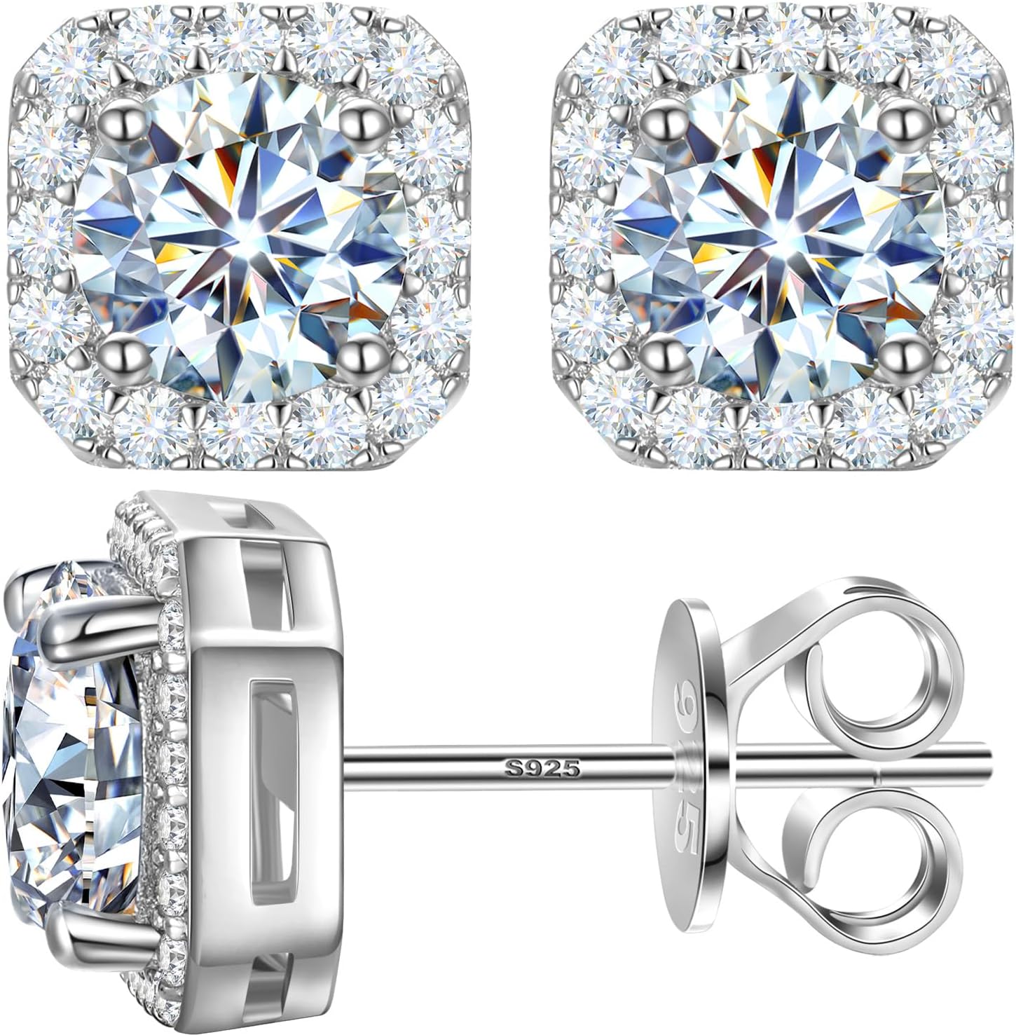 Moissanite Halo Earrings Square 18k Gold Plated 0.56-2.4CT 6-10mm D Color VVS1 Clarity Moissanite Stud Earrings For Women Men Square Stud Earrings 925 Sterling Silver Hypoallergenic Earrings