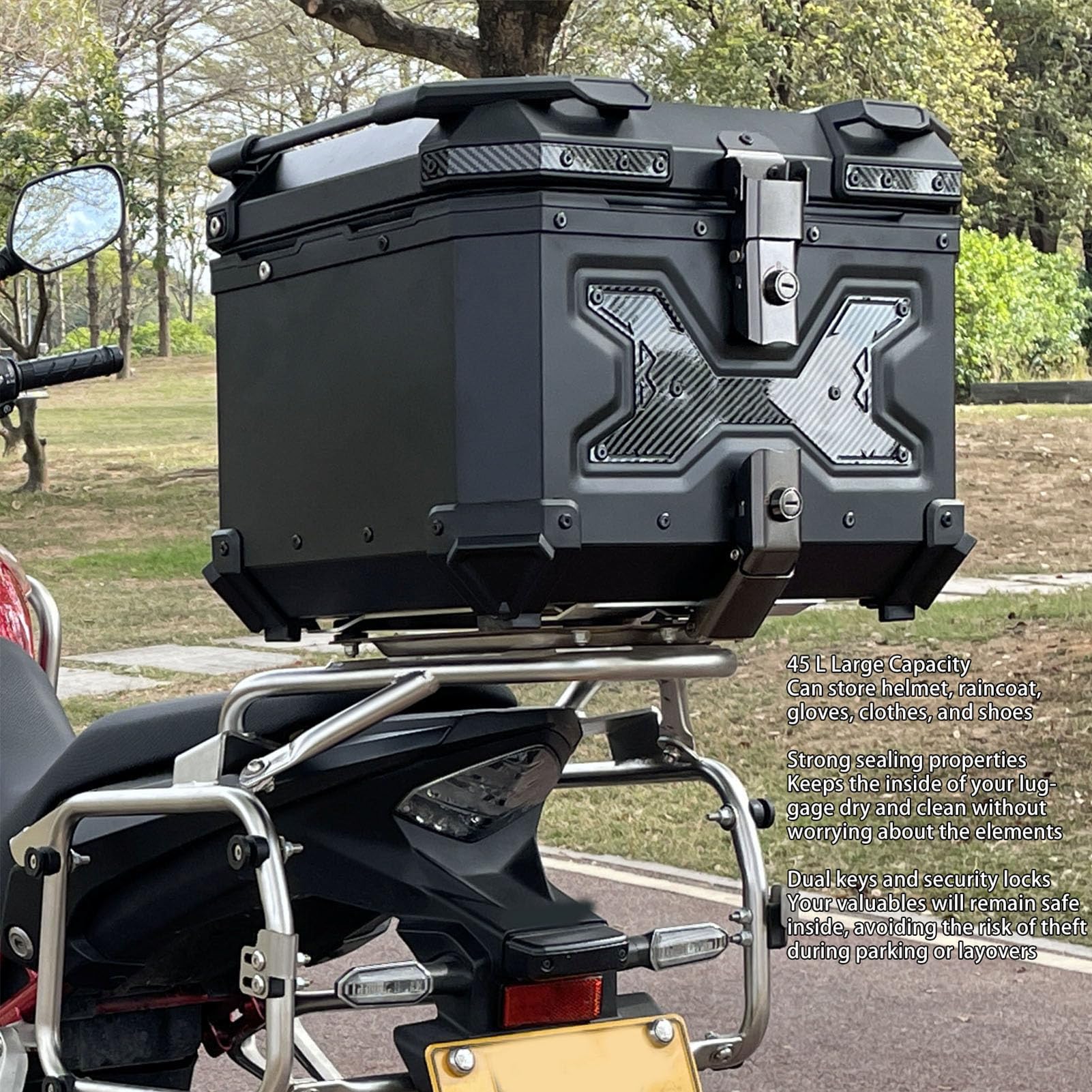 Keenso Górna Obudowa Motocykla Stop Aluminium 45L Tylna Obudowa Motocykla z szybkozłączką Wodoodporna Wyjmowana Wyściółka i Oparcie z PU dla Osób Dojeżdżających do Pracy w Trasie