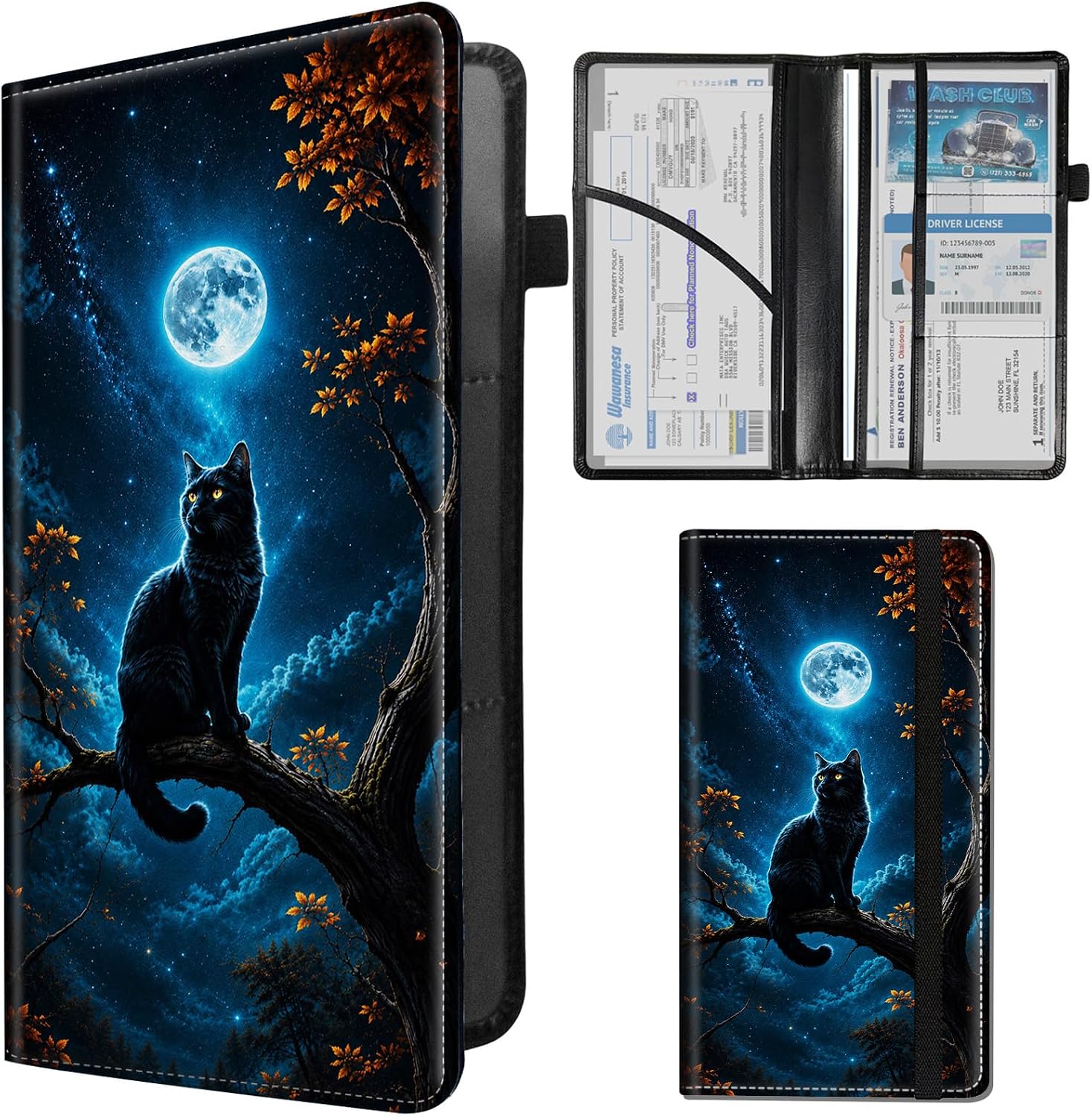 Car Registration & Insurance Holder, Mystical Black Cat Full Moon