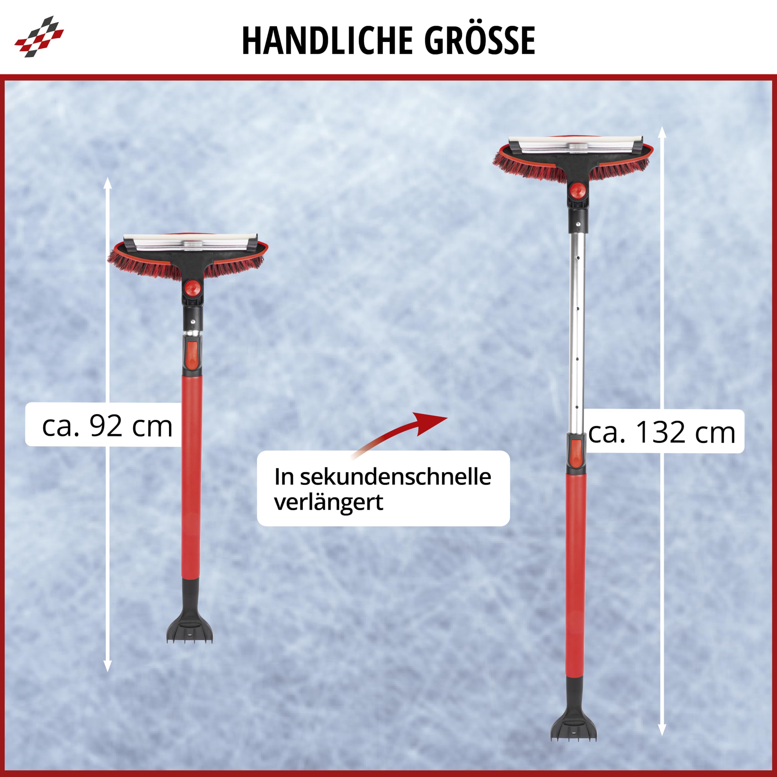 Walser Schneebesen 3in1 mit Eiskratzer teleskopierbar, Eisschaber mit Teleskopstange, Schneefeger ausziehbar 92-132 cm rot/schwarz