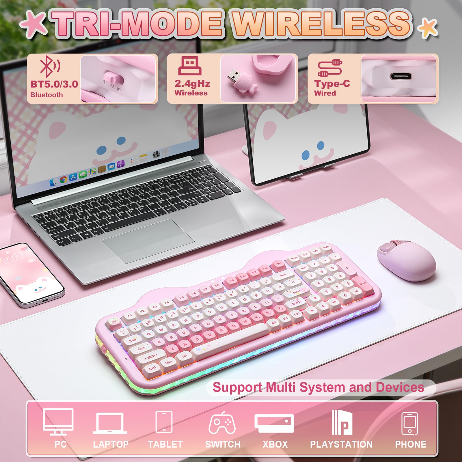 YUNZII C98 Tastiera Meccanica Gaming Wireless con Tastierino Numerico, 99 tasti PBT a profilo MOA, Bluetooth/2.4G/USB-C, Switch Hot-Swap, Gasket, RGB, Design Dolce per Win/Mac (Rosa, Milk V2 Switch) - 4