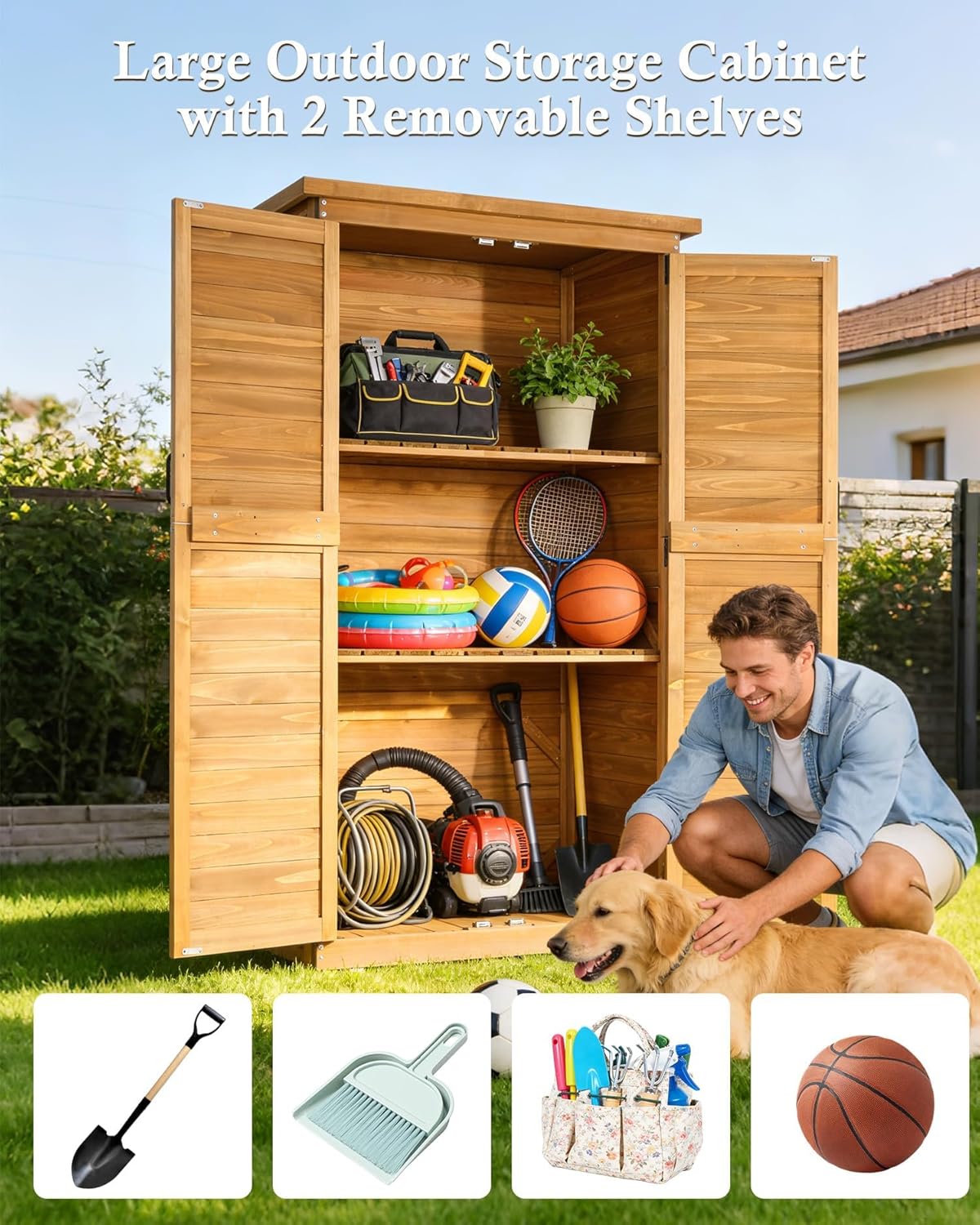 Large Outdoor Storage Shed,65.47" Tall Wooden Outdoor Storage Cabinet,Sheds & Outdoor Storage with 2 Adjustable Shelves, Weatherproof for Garden,Tool,Cushion,Backyard, Patio, Yard