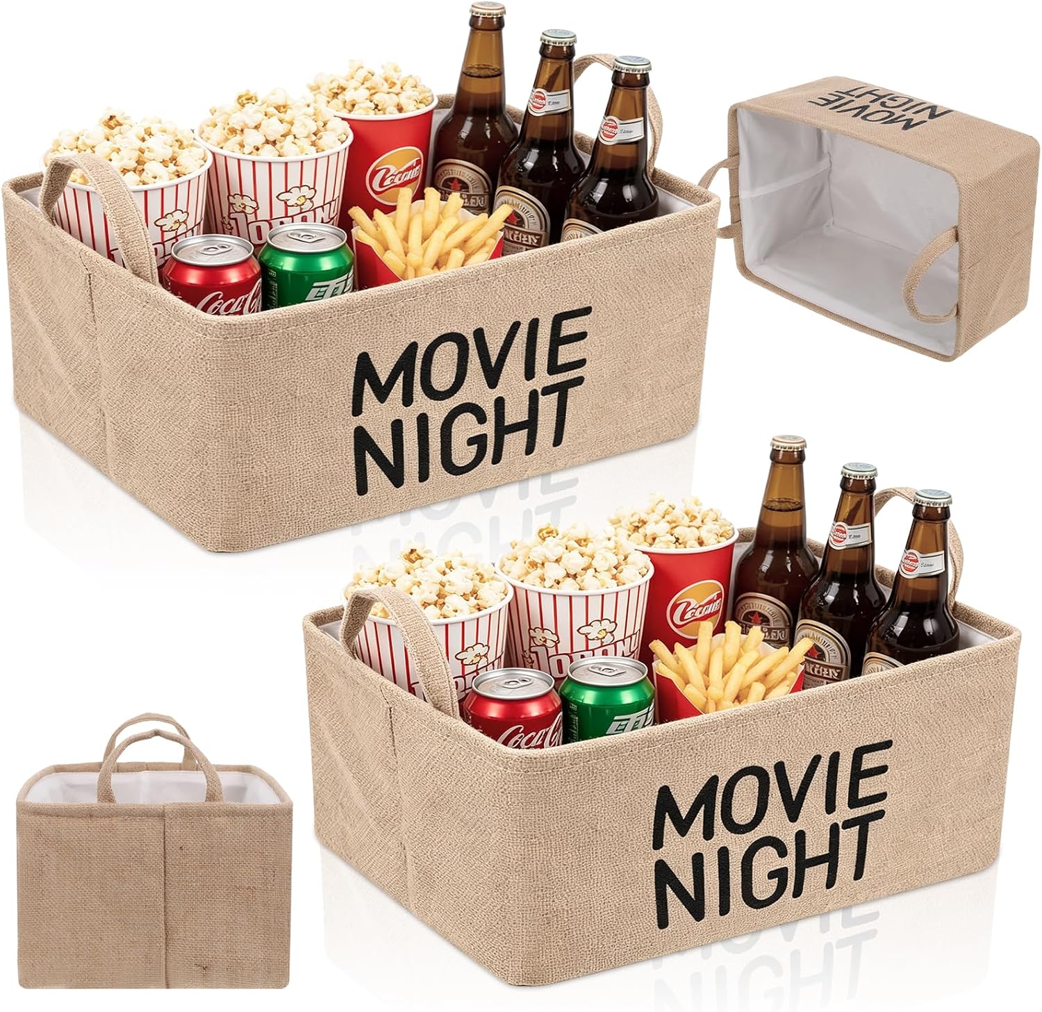 2 Pack Movie Night Supplies Snack Trays Basket with Handles, Burlap Storage Organizer Container Stuffers Storage Gifts for Theater Popcorn Family Room Decor Movie Nights Holiday Parties