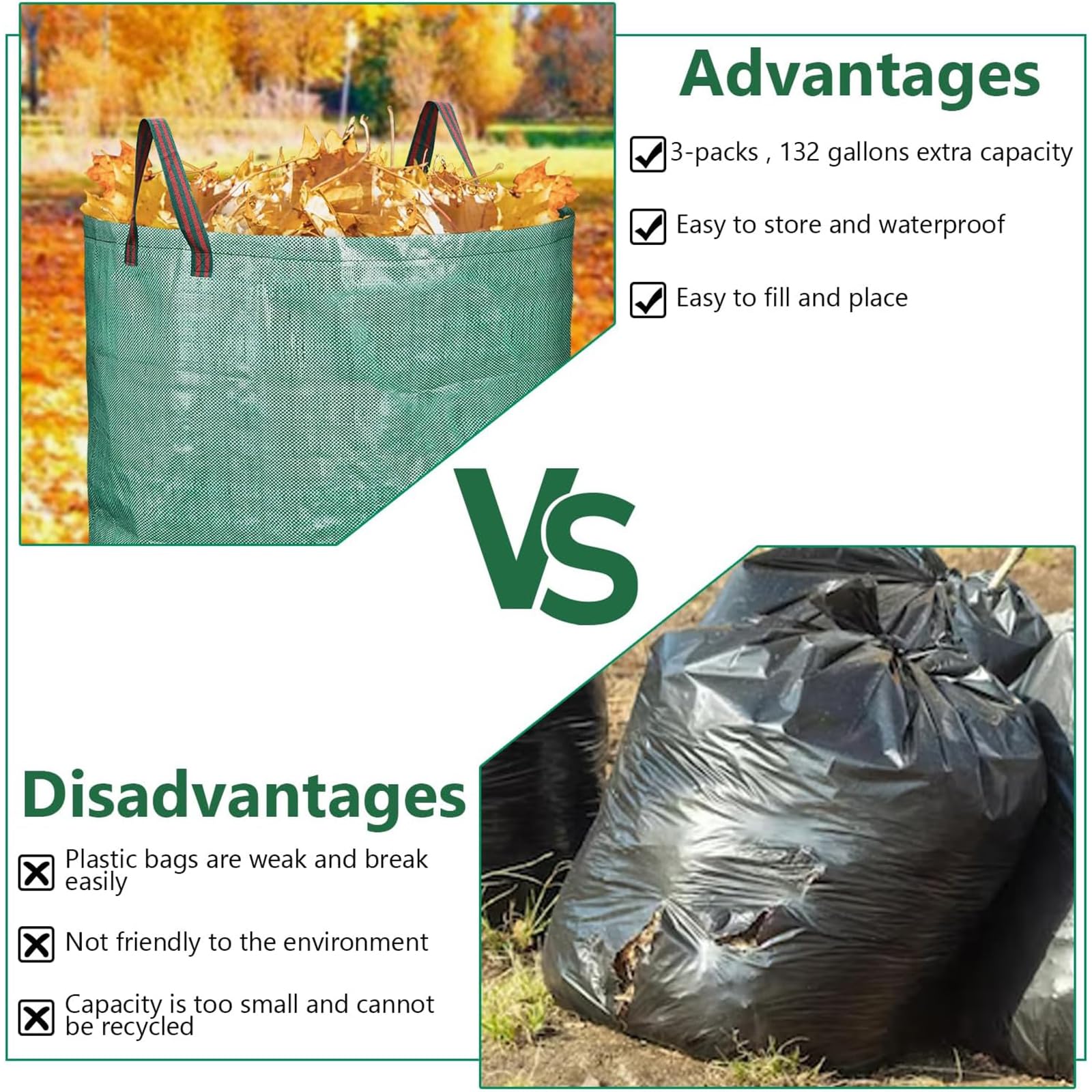 Leaf Bag - Paquete de 5 contenedores de basura de 132 n yardas con 4 asas para recortes de jardín, hojas, malas hierbas y recogida de basura al aire libre