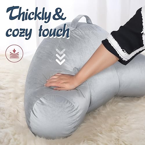 Miniatura 6 de Almohada de lectura con respaldo de cama para dormitorio con brazos sentados en la cama sofá para adultos, cojín de terciopelo gris, soporte lumbar