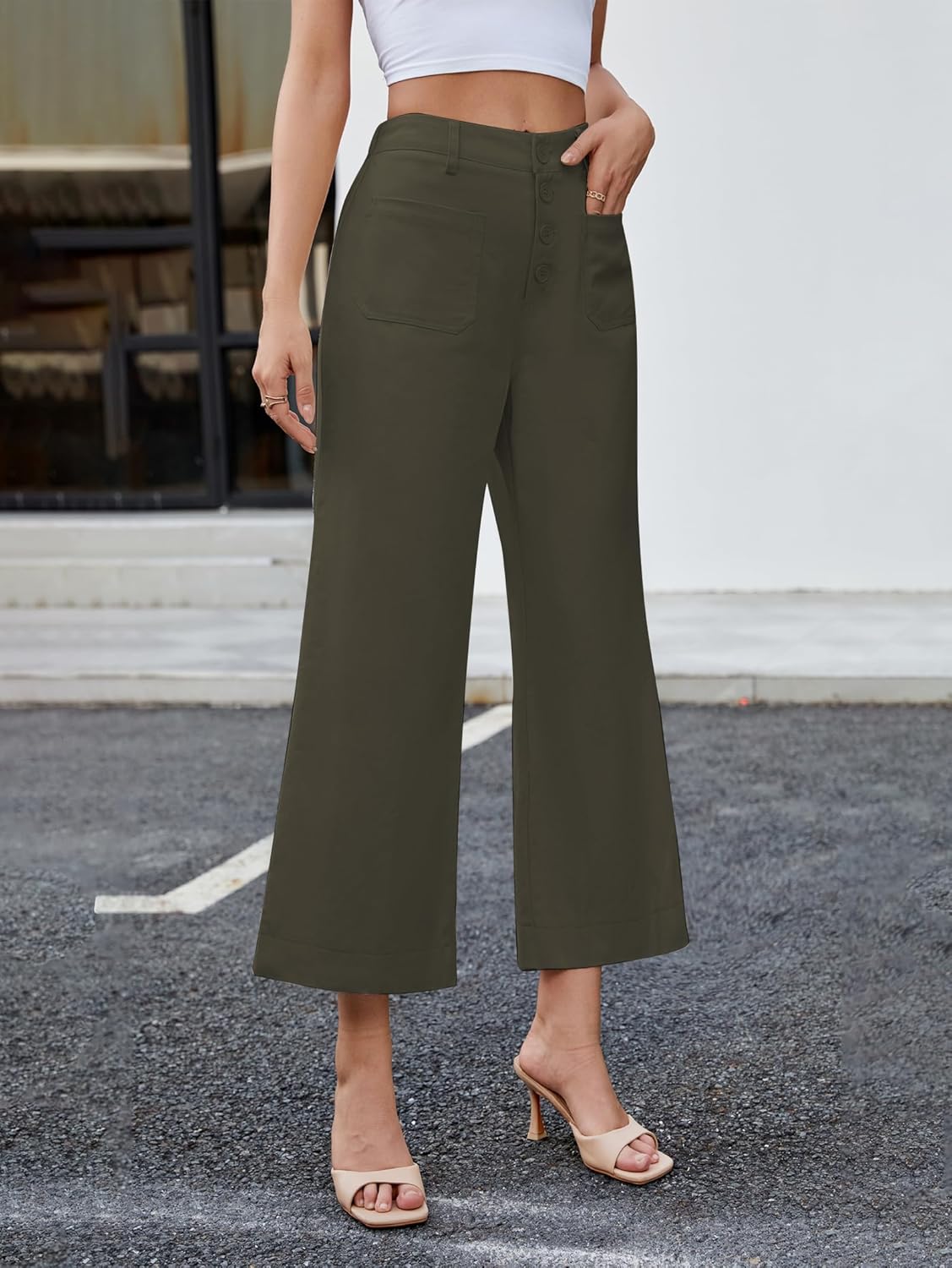 Famulily Womens Button Down Wide Leg High Elastic Waisted Capri Pants Casual Dressy Cropped Pants with Patch Pockets - Image 2