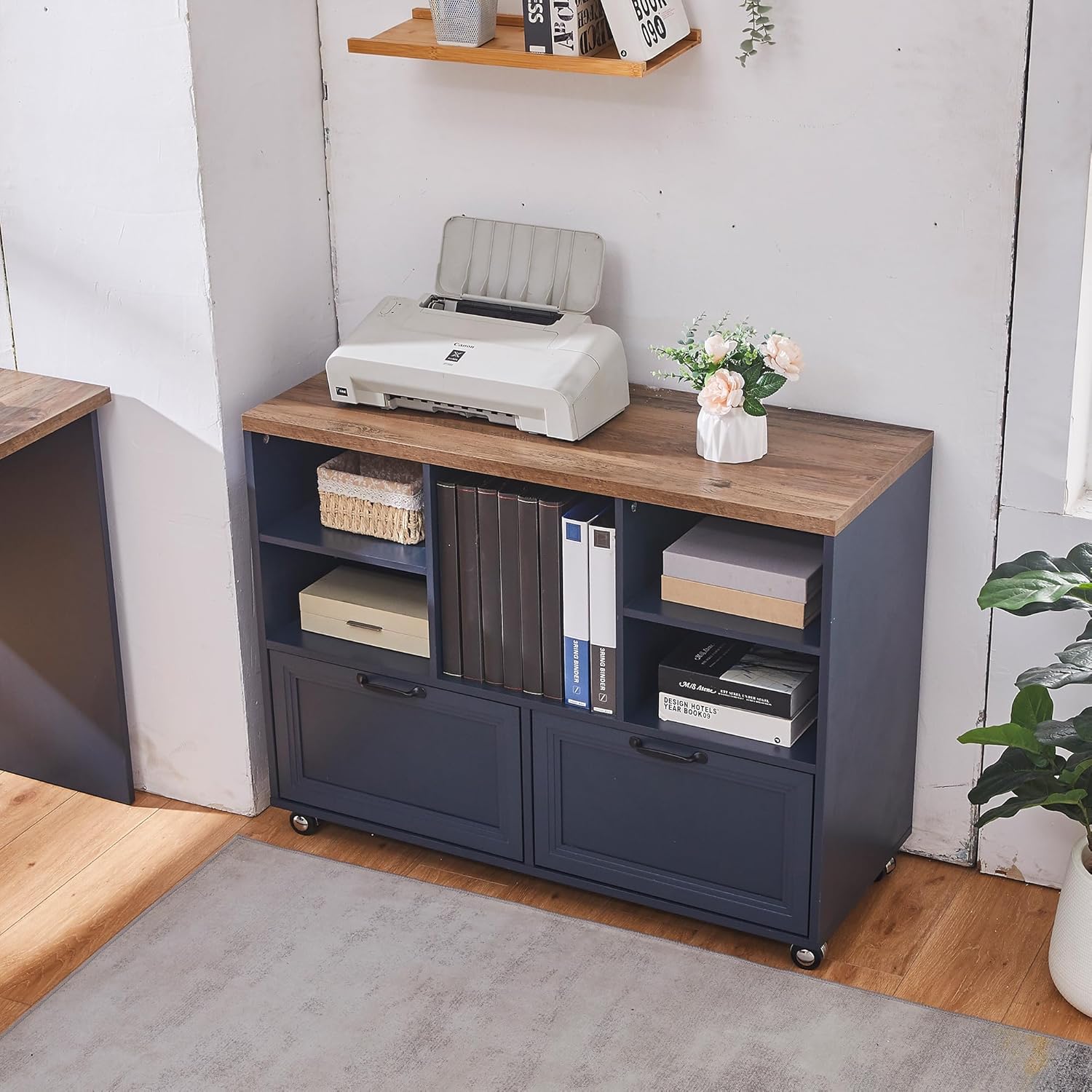 40" Farmhouse File Cabinet,Lateral File Cabinet with Wheels,Wood File Cabinet with shelve,Filing Cabinet with 2 Drawers for Legal/Letter/ A4 Size (Blue)