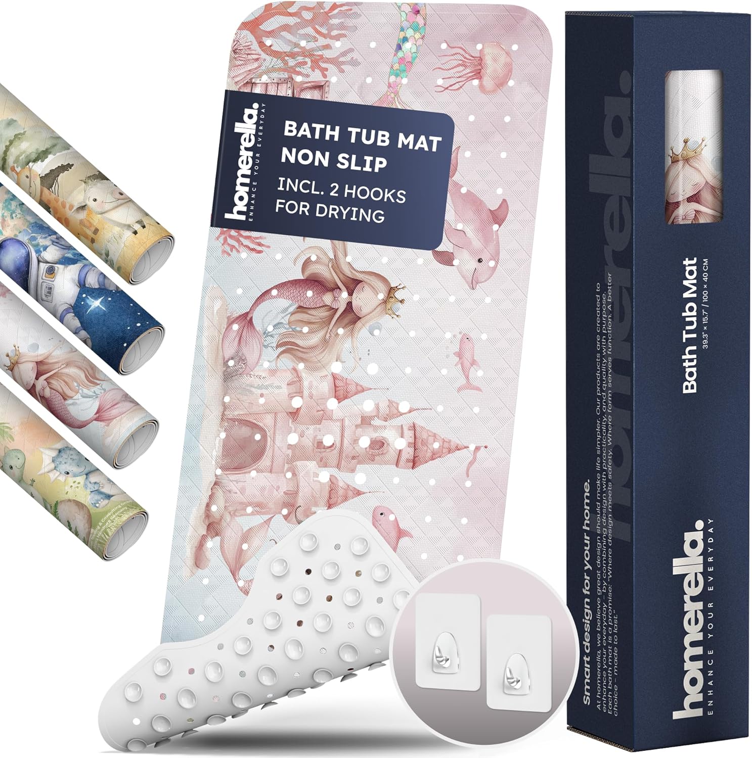 Bath Tub Mat Non Slip Anti Mold for Kids BPA Free INCL Hooks - homerella® Ocean Sea Animals 40x16, Baby Bath Mat Non Slip 200 Suction Cups, Non Toxic Machine Washable Toddler Bath Mat, EU Certified