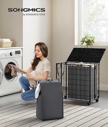 Miniatura 2 de SONGMICS Cesta de lavandería de 130 litros con tapa, cesta de ropa con ruedas, bolsa de forro extraíble plegable, clasificador de ropa hecho en