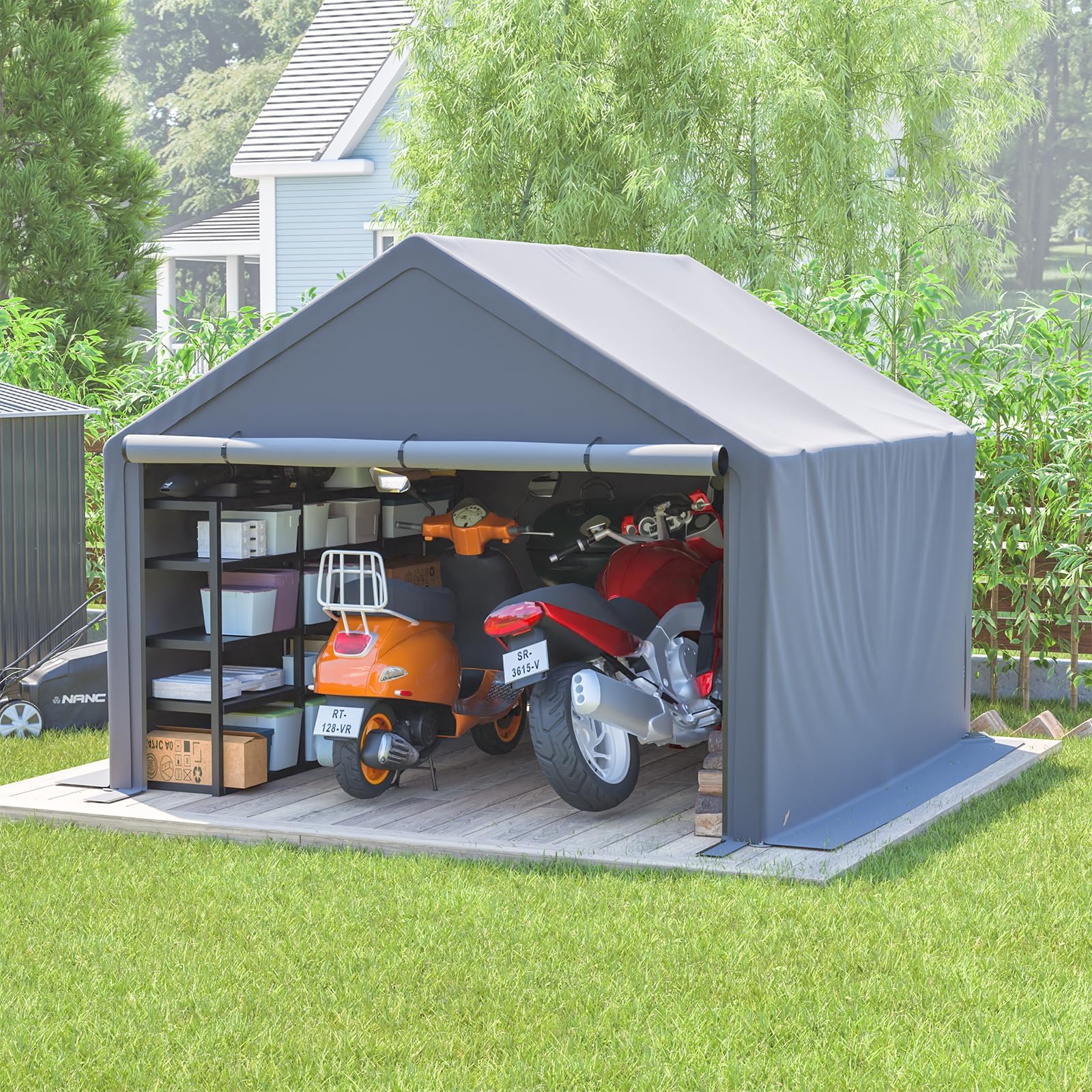 10x10 ft Storage Tent with Roll up Doors, Outdoor Portable Shelter Shed Garage Tent Carport, Waterproof Snowproof for Lawn Mower, Bike, Motorcycleand, Gray