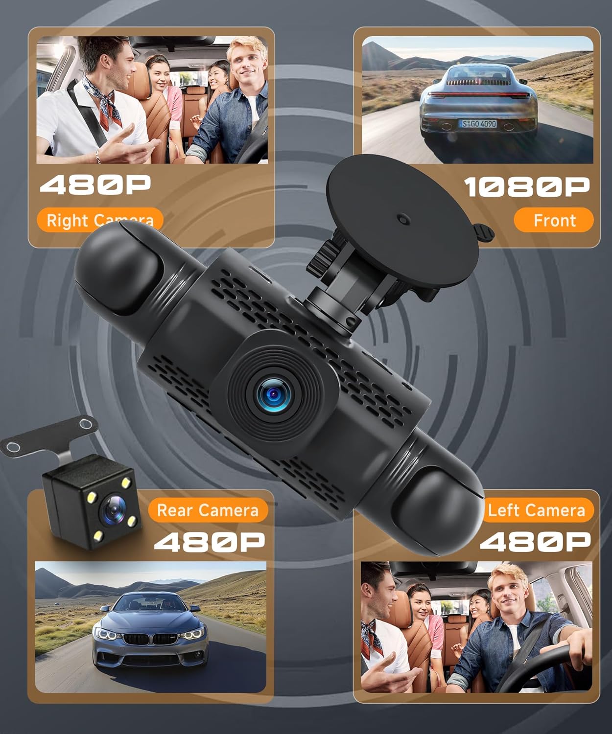 Rimoody 4-Channel 360° Dash Cam, 1080P Full HD Car DVR with Front/Rear/Inside/Side Cameras, WiFi App Control, Night Vision, G-Sensor, Loop Recording, 24H Parking Monitor, 3 Inch Display