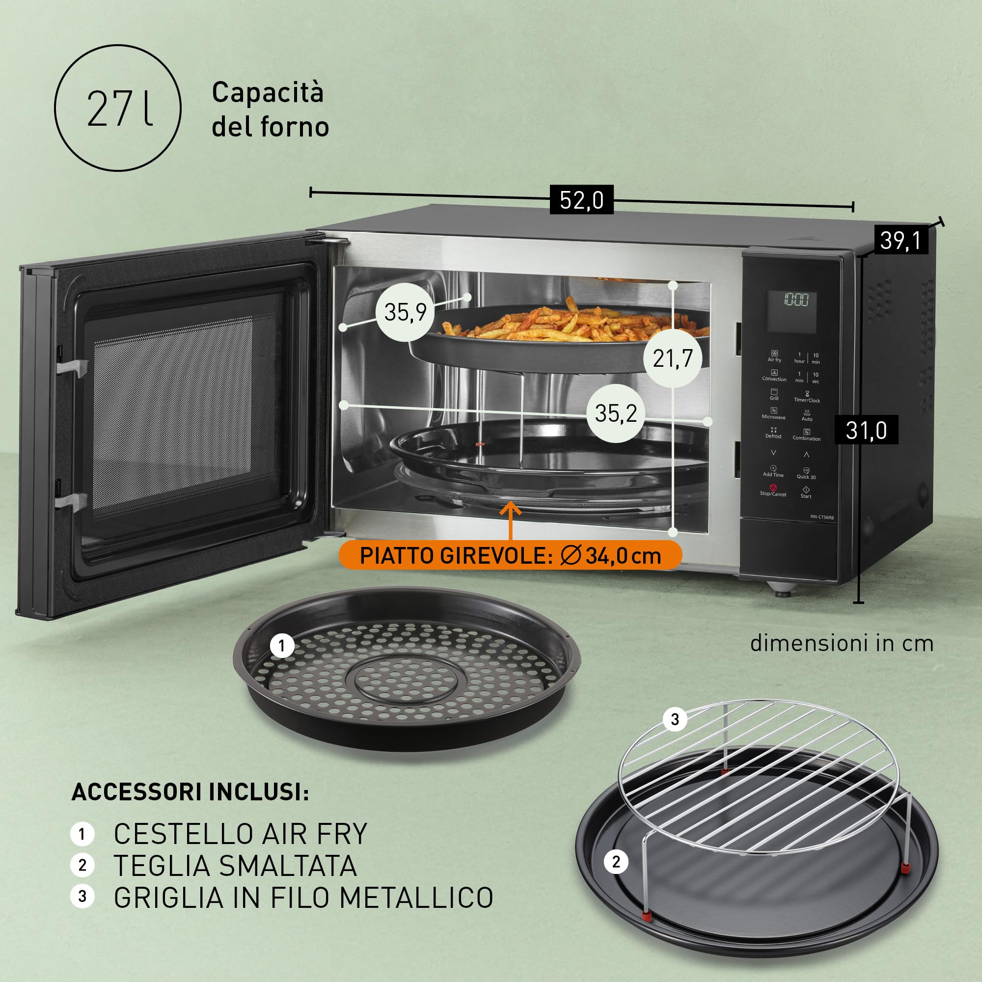 Panasonic NN-CT56RBEPG 27L 4-in-1 Microonde Combinato Inverter con Friggitrice ad Aria, 1000W, 19 Programmi Auto, Cottura Convezione Grill, Design Salvaspazio Compatto, Nero