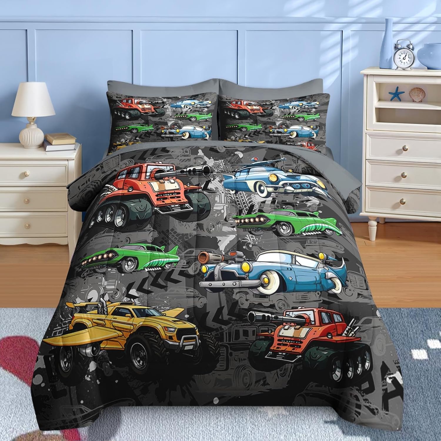 Nesker 5 Pcs Car Comforter Set Twin Size, Colorful Race Car Boys Bedding Grey Bed in a Bag for Kids and Adults, Retro Green Truck Bed Sheet Sets with Fitted Sheet Pillowcases & Shams