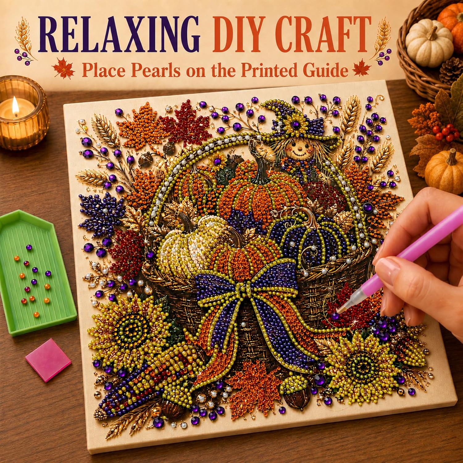 Plman Pumpkin Autumn Pearl Diamond Painting Art Kit for Adults, 12in