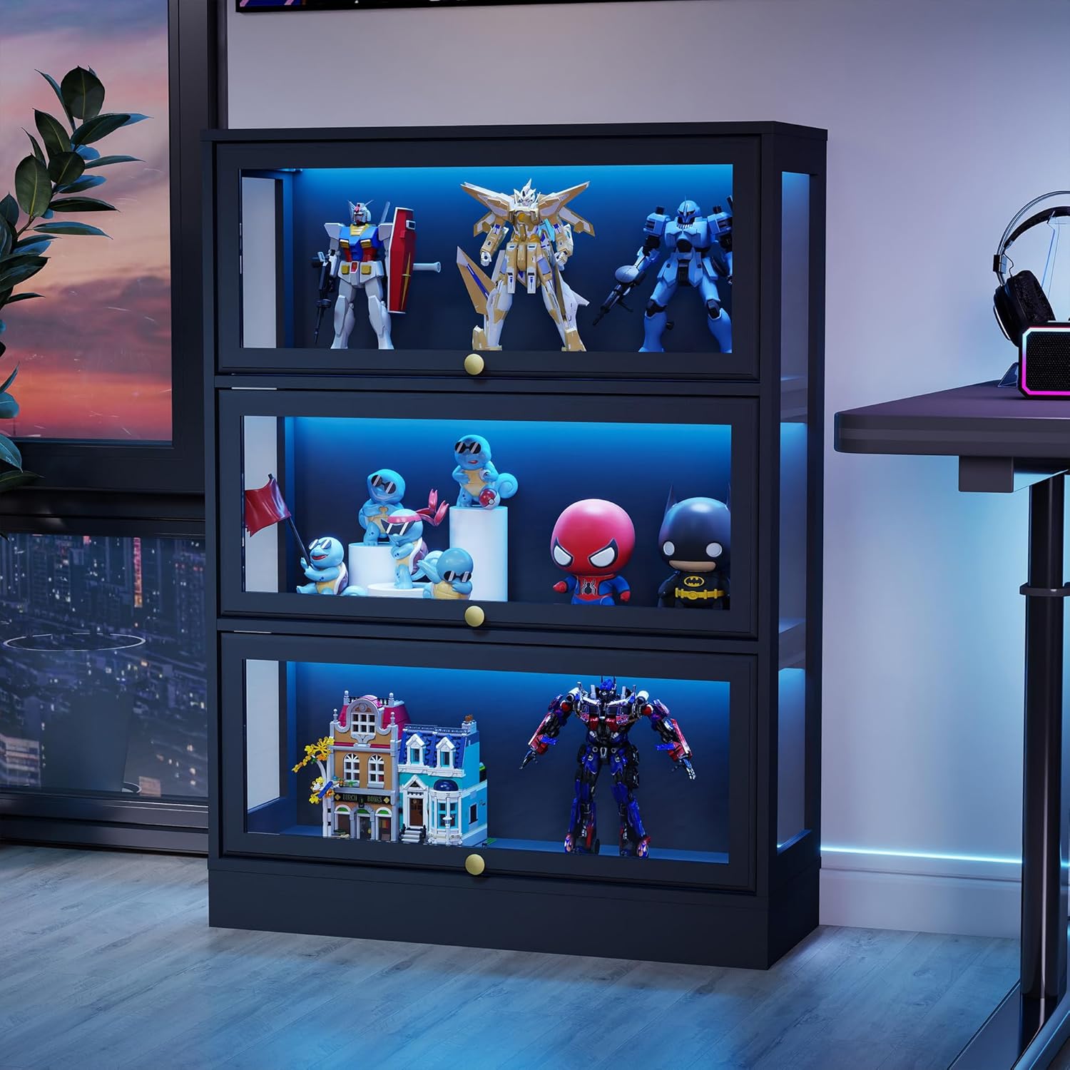 Display Cabinet with Acrylic Glass Doors,3-Tiers Curio Cabinet with LED Lighting for Collectibles, Collectibles Toy Organizers Rack & Display Shelf Display Case Storage Cabinet, Black