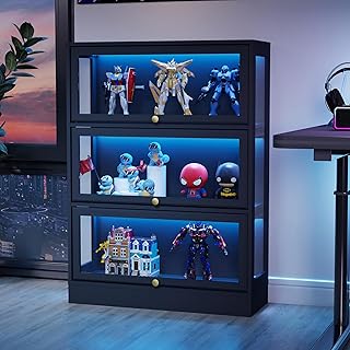 Display Cabinet with Acrylic Glass Doors,3-Tiers Curio Cabinet with LED Lighting for Collectibles, Collectibles Toy Organizers Rack & Display Shelf Display Case Storage Cabinet, Black