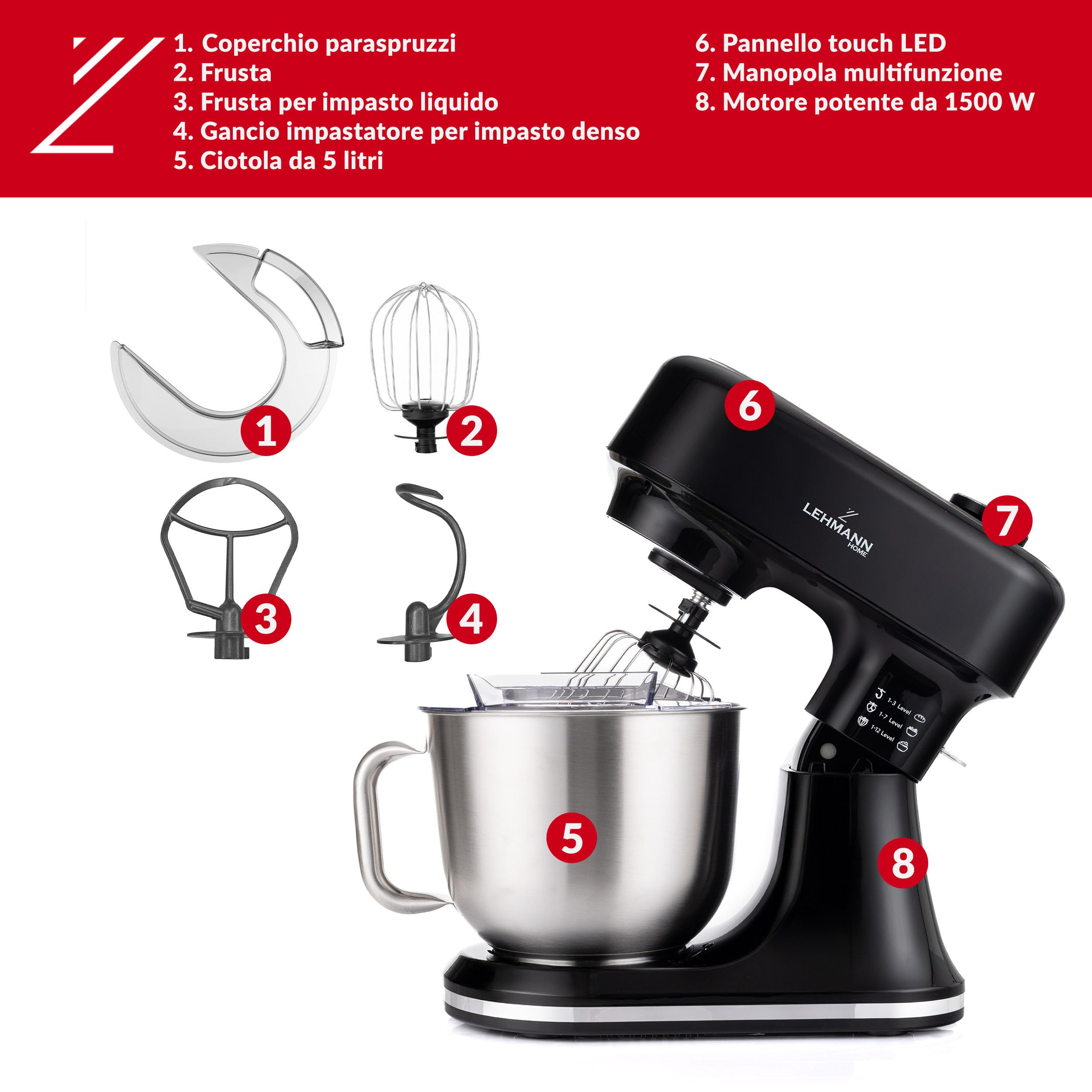 LEHMANN Impastatrice Planetaria Multifunzione con Display, Funzione di Fermentazione e Riscaldamento, Bilancia Integrata, 12 Velocità, Timer, con Ciotola 5 L, Frusta, Gancio Impastare, Mescolatore